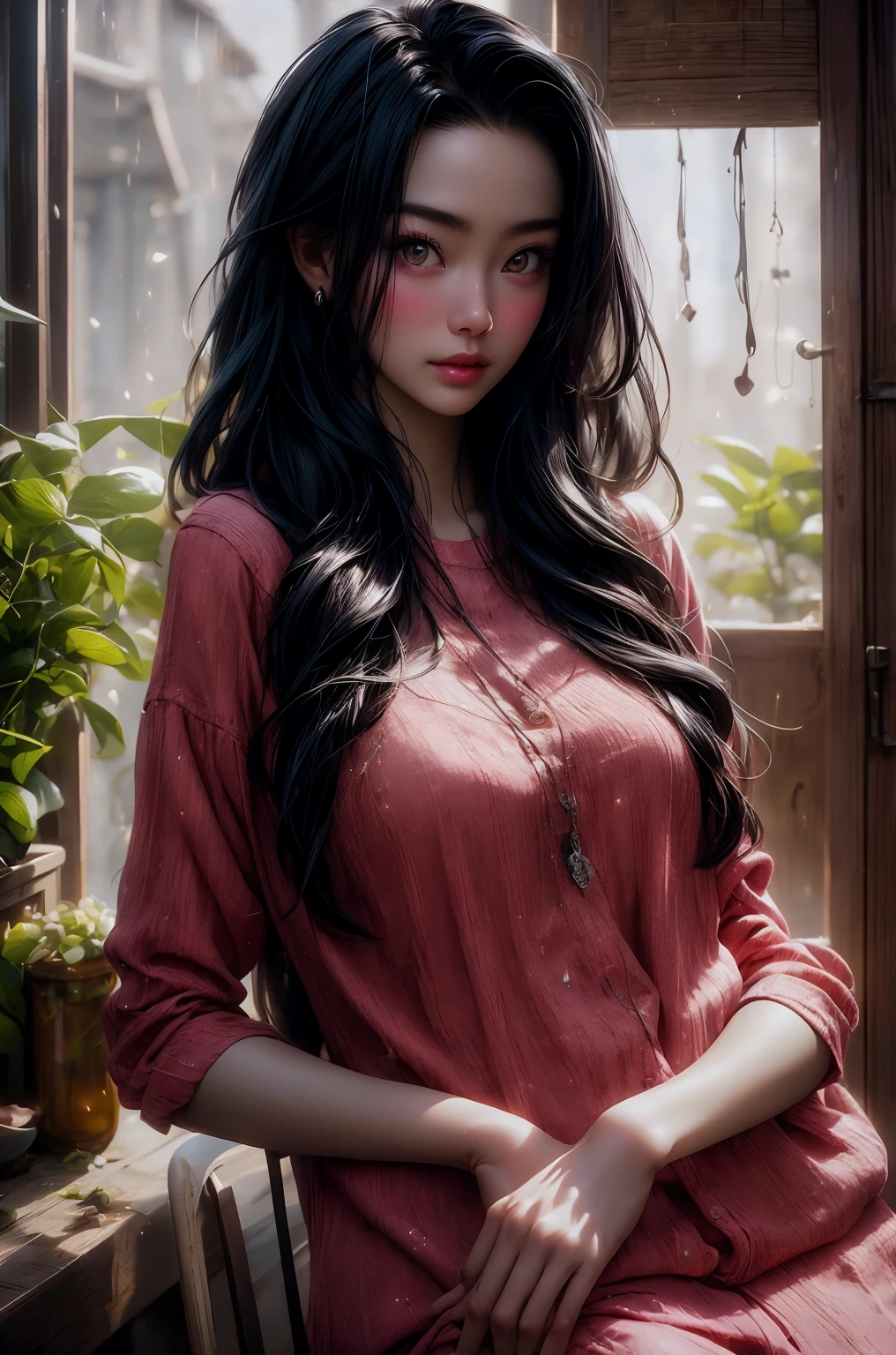 A gril surrounded by black roses, and the sunlight is streaming through the window, creating a warm and inviting atmosphere. She is wering her wet pajama, asia myanmar girl, realistic, best quality, photo-realistic 8k, (best quality:1.1), masterpiece, (realistic:1.1), photo-realistic