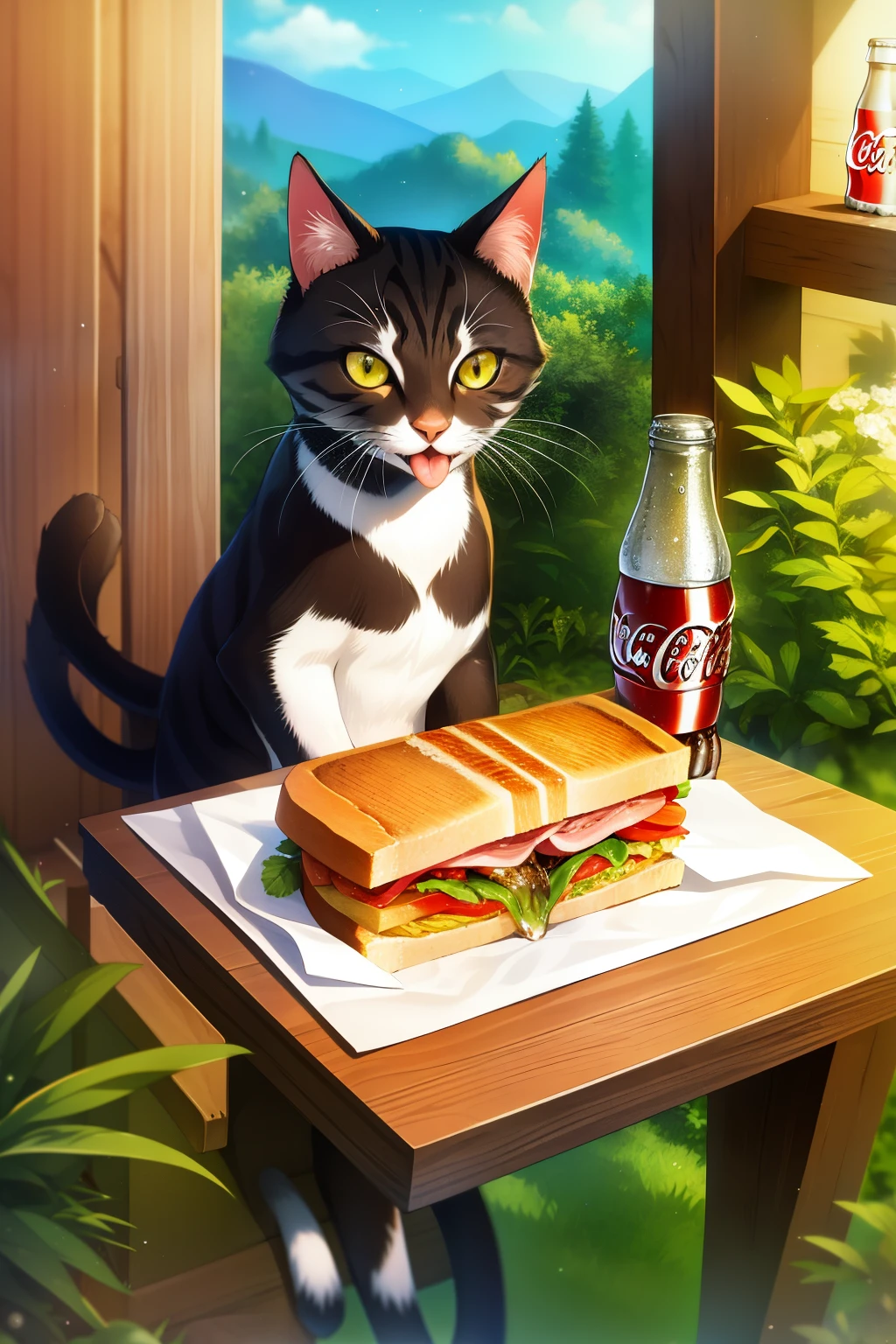 1 cat eating a natural sandwich with a Coca-Cola