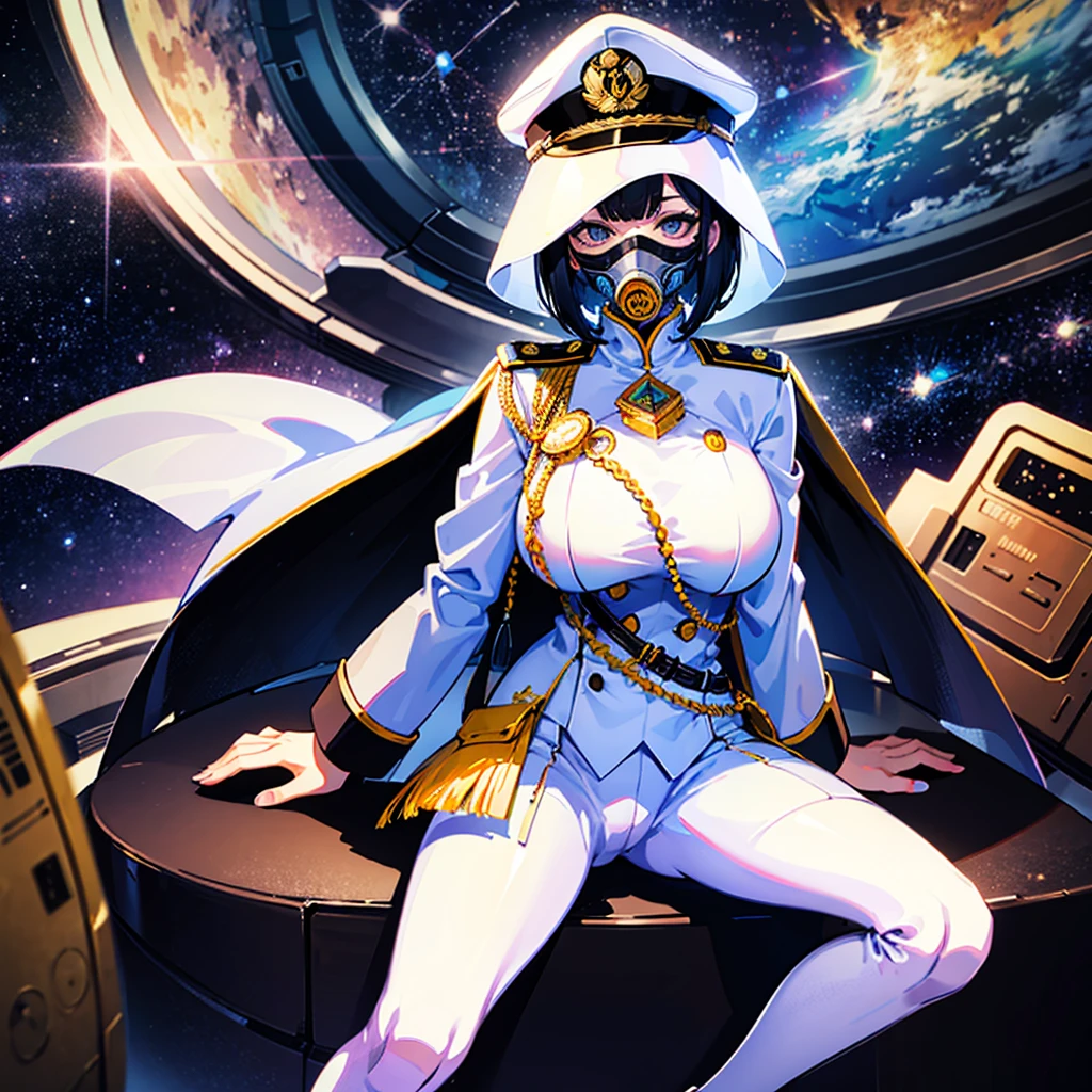 (((masterpiece)))、(((Top image quality)))、(((top-quality)))、(Illustration of one woman)、full bodyesbian、30-years old、(Viceroy)、Black hair bob cut、((Face covering gas mask))、Gray eyes、((Tall))、((huge tit))、((Military uniforms))、((Military Cap))、((Military coat))、(white clothes)、(White pants)、(White cap)、trench coat、((Inside the spaceship、Sitting in the captain's seat))、(Outside the window、kosmos、Earth seen from space、Spaceport)