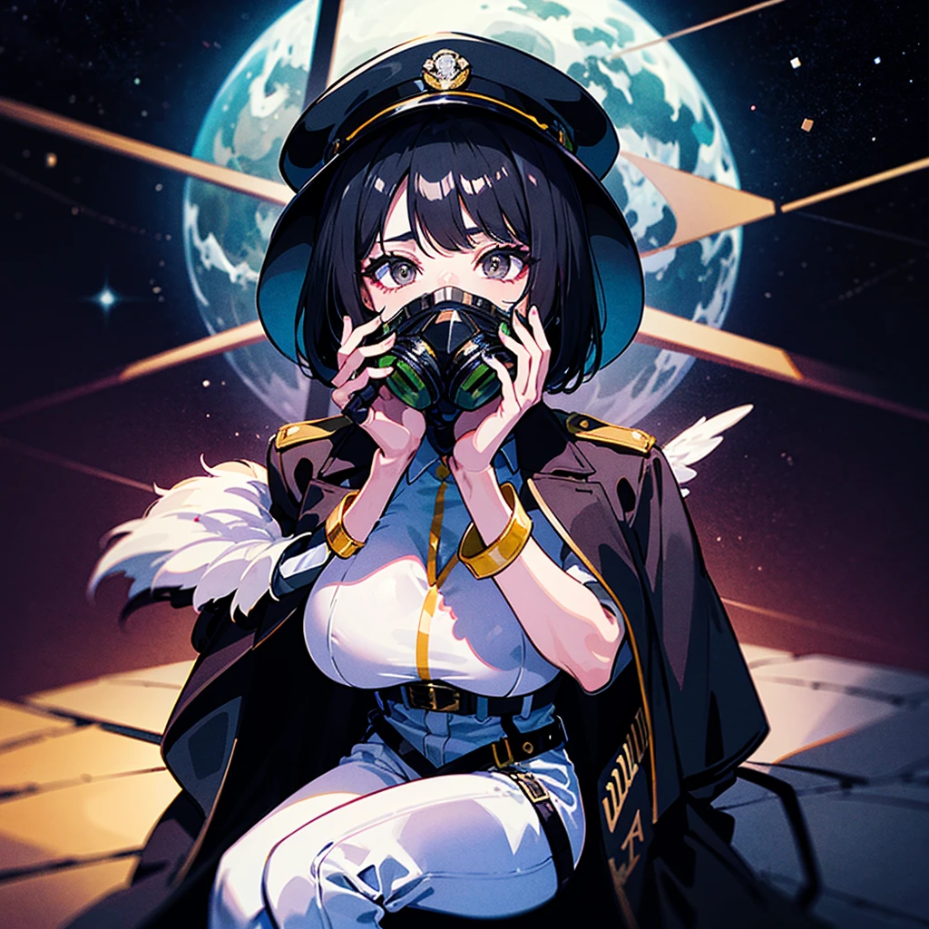 (((masterpiece)))、(((Top image quality)))、(((top-quality)))、(Illustration of one woman)、full bodyesbian、30-years old、(Viceroy)、Black hair bob cut、((Face covering gas mask))、Gray eyes、((Tall))、((huge tit))、((Military uniforms))、((Military Cap))、((Military coat))、(white clothes)、(White pants)、(White cap)、trench coat、((Inside the spaceship、Sitting in the captain's seat))、(Outside the window、kosmos、Earth seen from space、Spaceport)