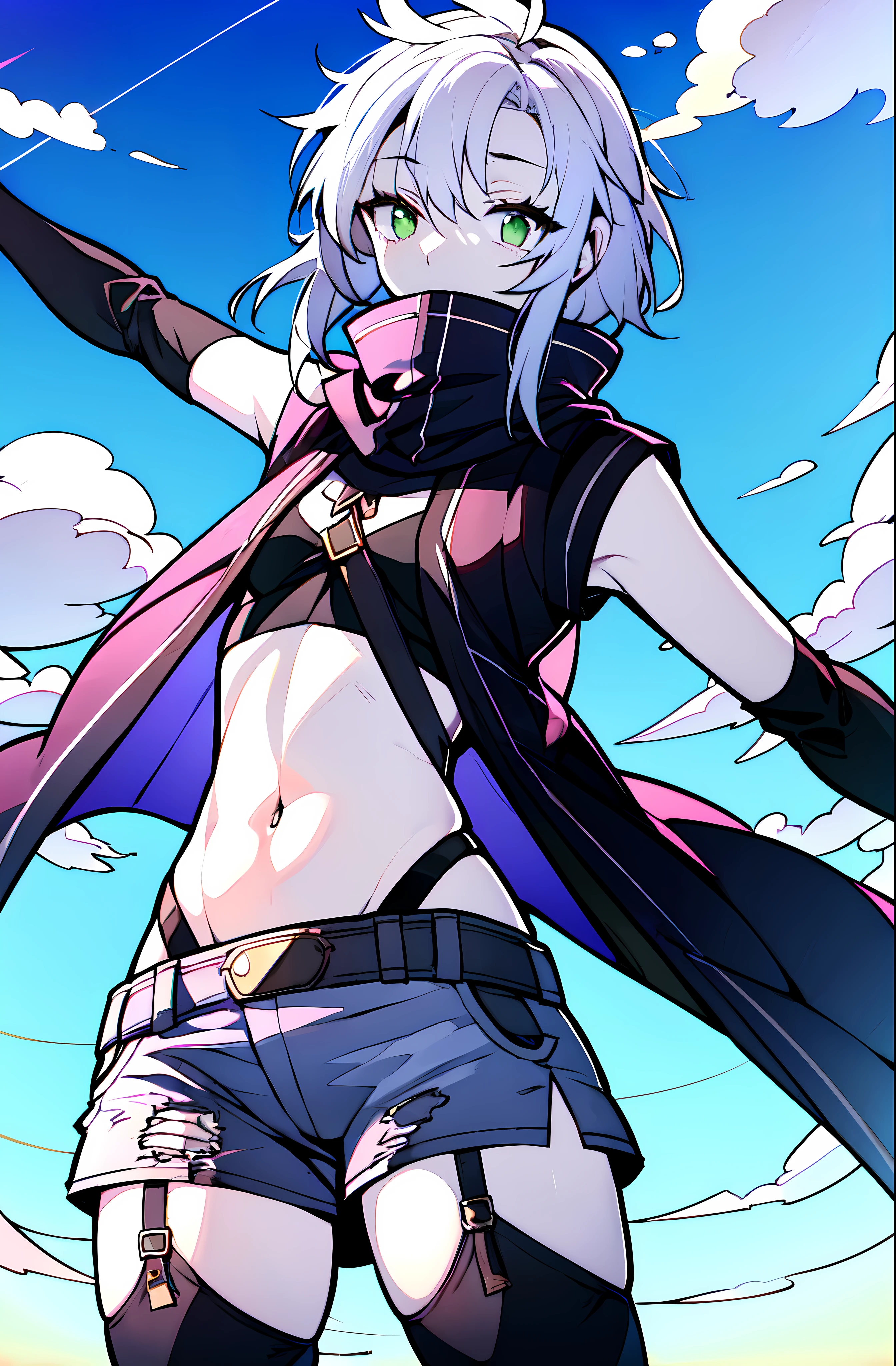 (masterpiece:1.2), (pale skin:1.2), (solo:1.2), (female:1.1), (emphasis lines:1.3), white hair, collarbone, navel, sleeveless_jacket, gloves, bracelets, armbands, (ripped_clothes:1.3), green_eyes, outdoors, hill, sky, plain_field, shorts, thighhighs, long hair