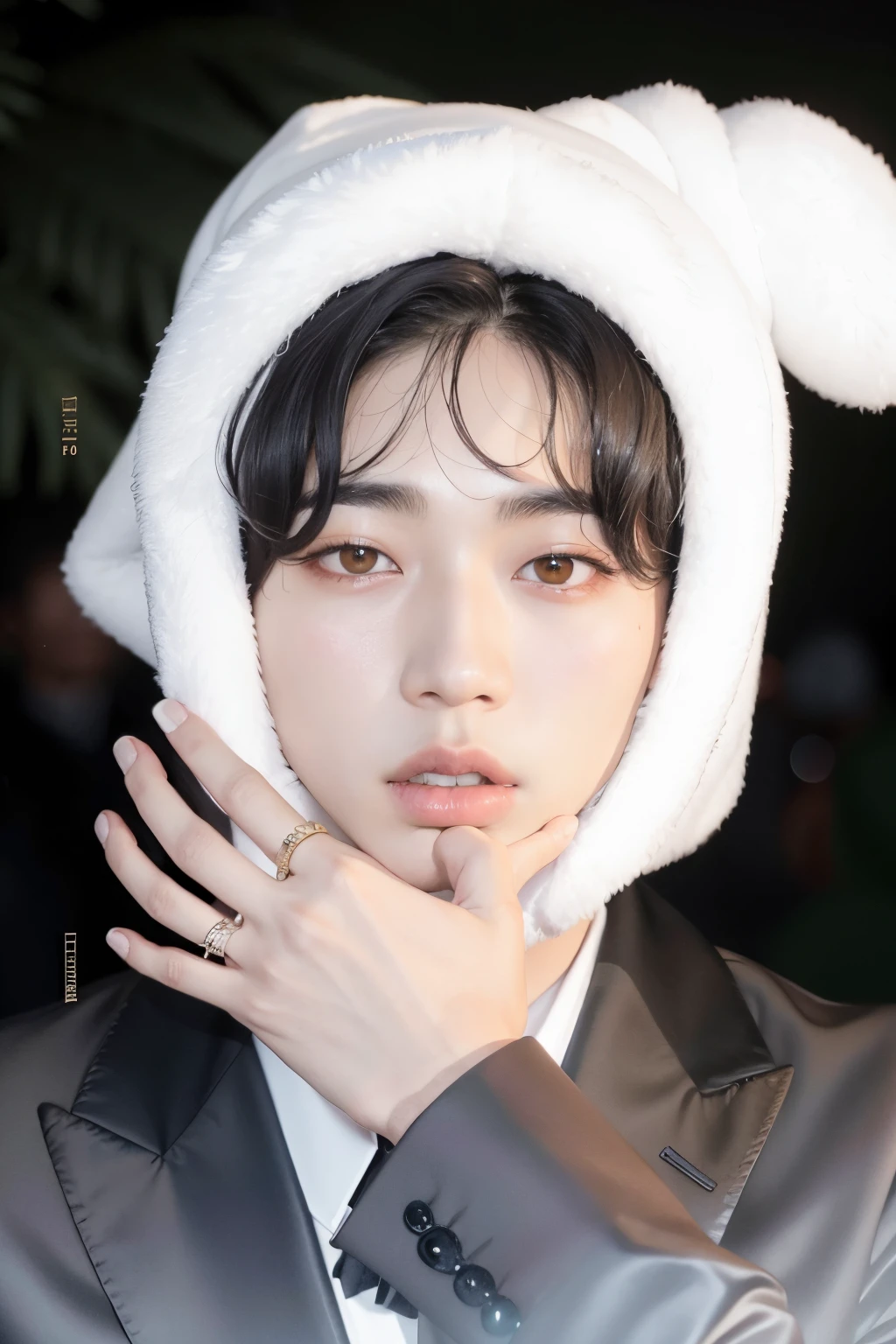 Imagen arafed de un hombre con un sombrero de conejo blanco., Kim Doyoung, Cai Xukun, Jinyoung Shin, Wan adorable cara coreana, Taejune Kim, Jung Jaehyun, Aesthetics of Jinyoung Shin, JIA, Jaeyeon Nam, Hyung Tae, Steven Jung, Hong June Hyung, Sakimichan, Taehyung comiendo papas fritas Gucci, Cara linda clara