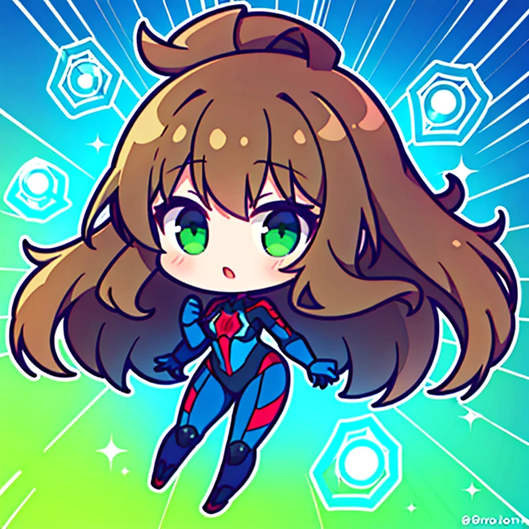 Spiderverse character, a woman with long brown hair, green eyes, blue power, on the roof, pale, 21 years old, spiderverse comic