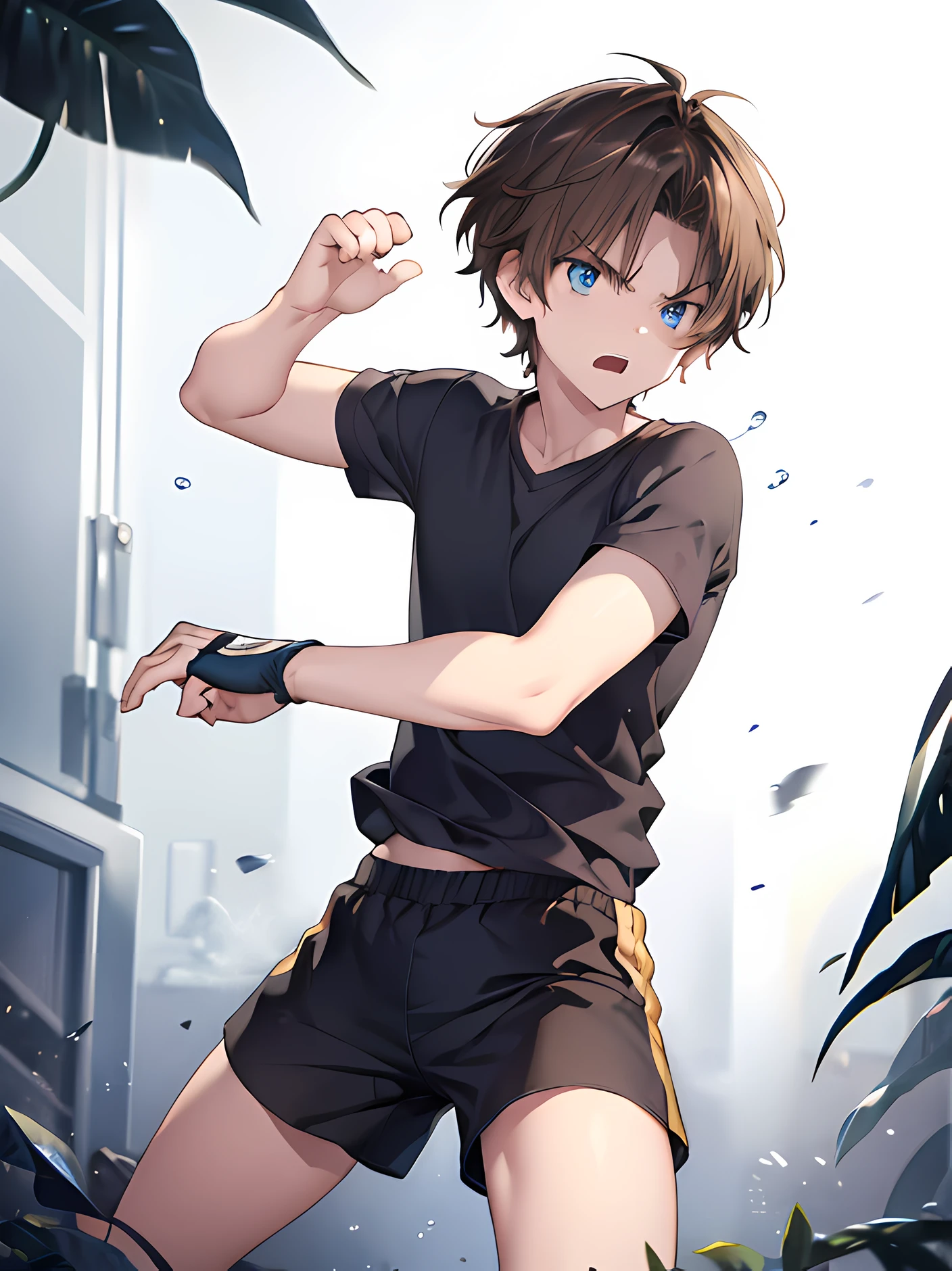 1 boy, fighting pose, brown hair, blue eyes, short-sleeved shirt, shorts, angry expression