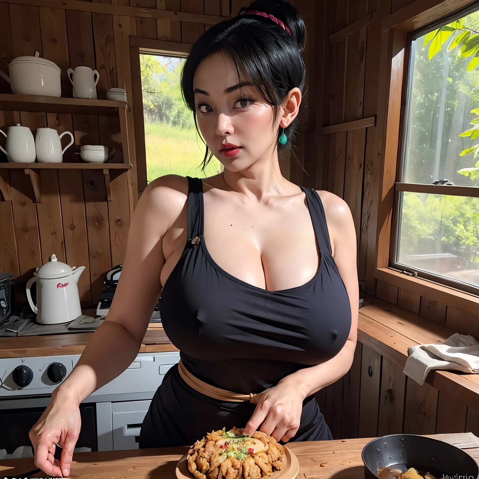 (masterpiece:1.1, Best Quality:1.1, 32K HDR, High resolution), (1girl in, Solo), (Ultra-realistic portrait of Chi-Chi(Older):1.1, dragonball z, Mature chichi, A MILF), Black hair, updo hair, Dango Hair, Yellow apron, nude epron, gigantic cleavage, Colossal tits, Huge boobs, huge-breasted, spilled out Nipples, (Inside an abandoned hut:1.1, messy kitchen, Perfect slim body:1.1), hyper detailed face, Detailed eyes, Realistic skin texture, Detailed explanation of the skin, ((cooking food)),