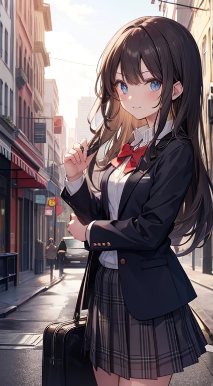 1girl, long brunette hair, blue eyes, smiling, looking at viewer, wearing school uniform, (white shirt), (red bowtie), (black blazer jacket), jacket open, (grey checkered skirt), (evening), city, sidewalk, bushes, trees, masterpiece, 8K, high contrast, perfect lighting, perfect clothes, perfect ???????, perfect eyes, perfect face, sharp resolution, cowboy shot