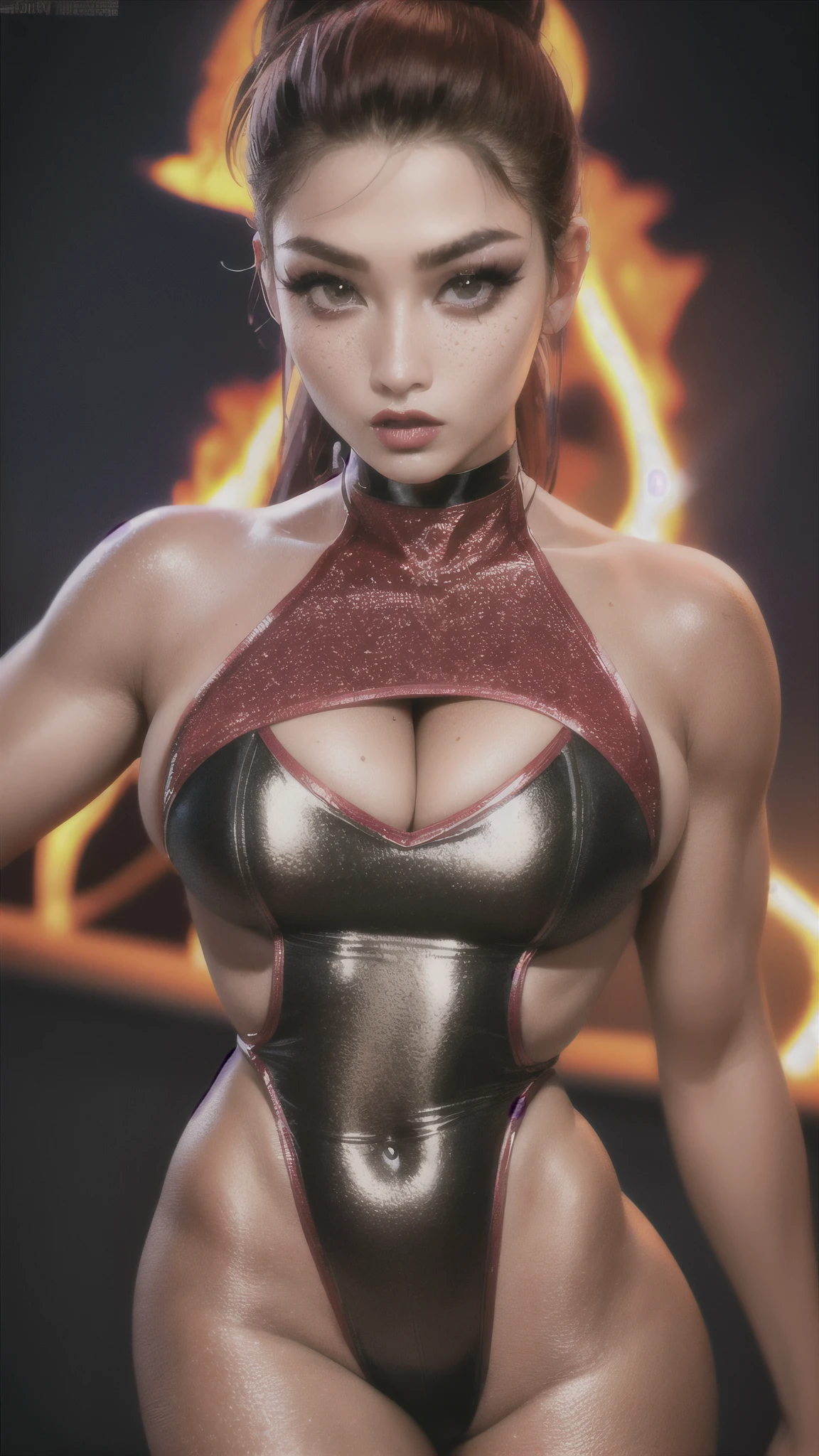 [(Urzan 6500:0.1), (Pureros:0.1):-0.05], (ultra real photo:1.25), (Realphotos:1.3), (dynamicposes:1.2), (tmasterpiece:1.2), (Best quality:1.15), (1 Moro Liberation Front:1.2), (Alone:1.2), ('s:1.2), (Korean mixed, K-pop idol:1.3), (Masculinity:1.25), (Angular face:1.2), (choker necklace+short and thin_garments: Vintage gothic frilled one-piece swimsuit:1.1), (fetus female:1.3), (upturned eyes:1.3), (Thick eyebrows:1.1), (Long eyelashes+smoky eyeliner+sparkle in eyes+red eyeshadow missing lips+Sexy glitter makeup:1.1), 35yo，(depth of fields:1.1), (Highest quality beautiful faces:1.3), (Best quality at best: Beautiful bright eyes:1.3), (Super quality, Ultra-realistic human skin texture:1.3), (freckle, , imperfections, Fine lines, pores, vein, skin tone:1.12), (A vibrant, The skin, rugged skin, Dirty skin:1.15), (Ultra-high quality aesthetics:1.1) (Complete eyes, complete face:1.1), (Luzes Realistas, 电影灯光:1.1), ( Background with:1.25)