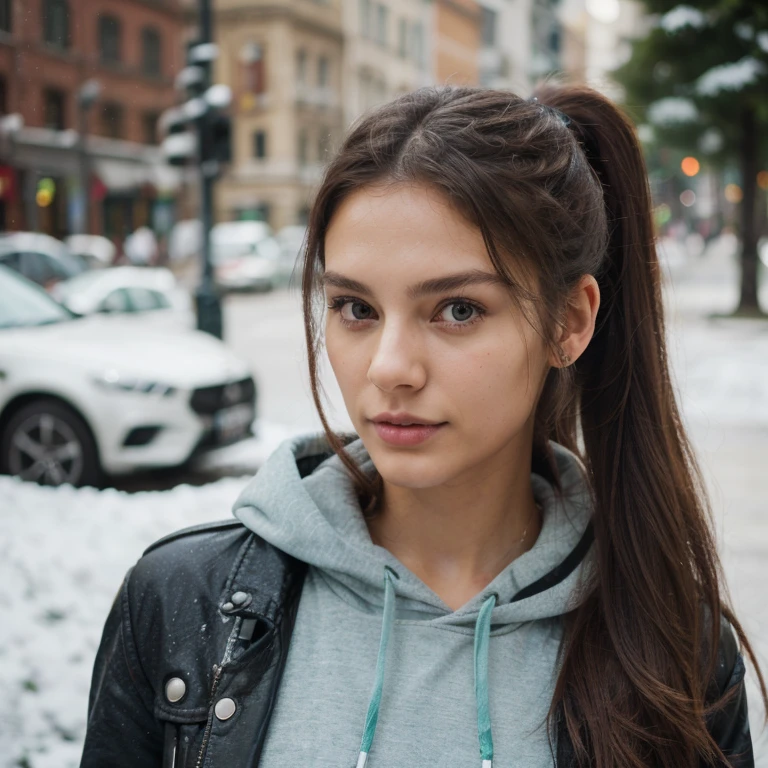 best quality, masterpiece, (realistic: 1.2), 20-year-old Italian woman, cute face, fit body, modern style, sitting at Starbucks, high ponytail hair, detailed face, detailed eyes, green eyes, thin lips, long dark wavy brunette hair detailed, happy expression, detailed skin, (look at the viewer, dramatic, vibrant, sharp focus, 50mm, F1.2, EOS-1D X Mark IIelfie) wearing torn black jeans, heels, black leather jacket