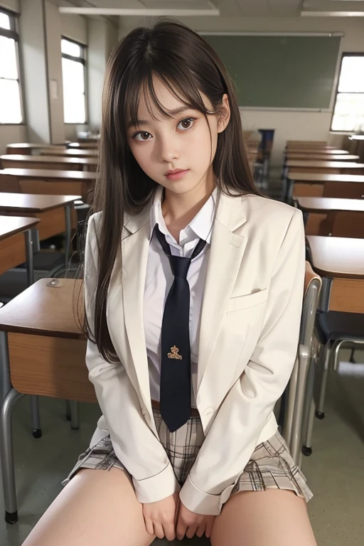 top-quality、hight resolution、ultra-detailliert、​masterpiece、Raw photography、realisitic、Photorealistic, Very delicate and beautiful、finely detail、Textured skin、1girl in、Solo、Alone、18 year old beautiful schoolgirl in Japan、in a high school uniform、‎Classroom、(Body facing the camera:1.3)、(sit on a school chair with legs bent and spread apart:1.2)、(Showing white panties:1.3)、light brown jacket and plaid skirt、white  shirt、neck tie、Black loafers、(ultra beautiful faces:1.5)、tall、Brown hair、(Bare legs:1.1)、perfectly proportions、small tits、