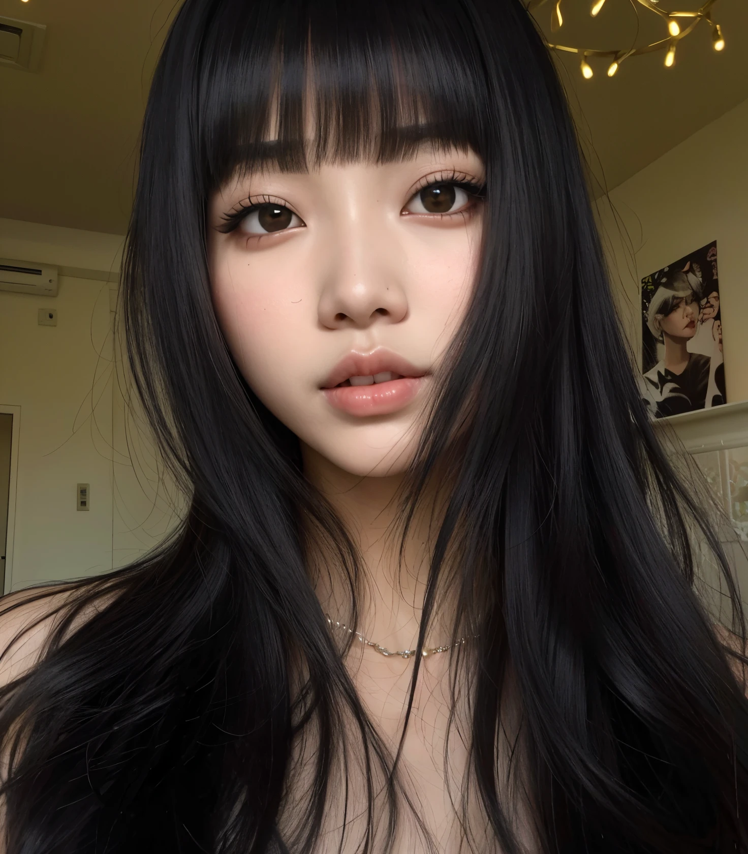um close up de uma mulher com longos cabelos pretos e cabelos sardados, Ela tem cabelo preto com franja, preto hime corte cabelo, Asian face, Beautiful Asian girl, detailed face of a asian girl, asian features, young cute wan asian face, cabelo arrumado com franja, com franja, Asian girl, franja preta, cabelo preto longo com franja, com franja completa
