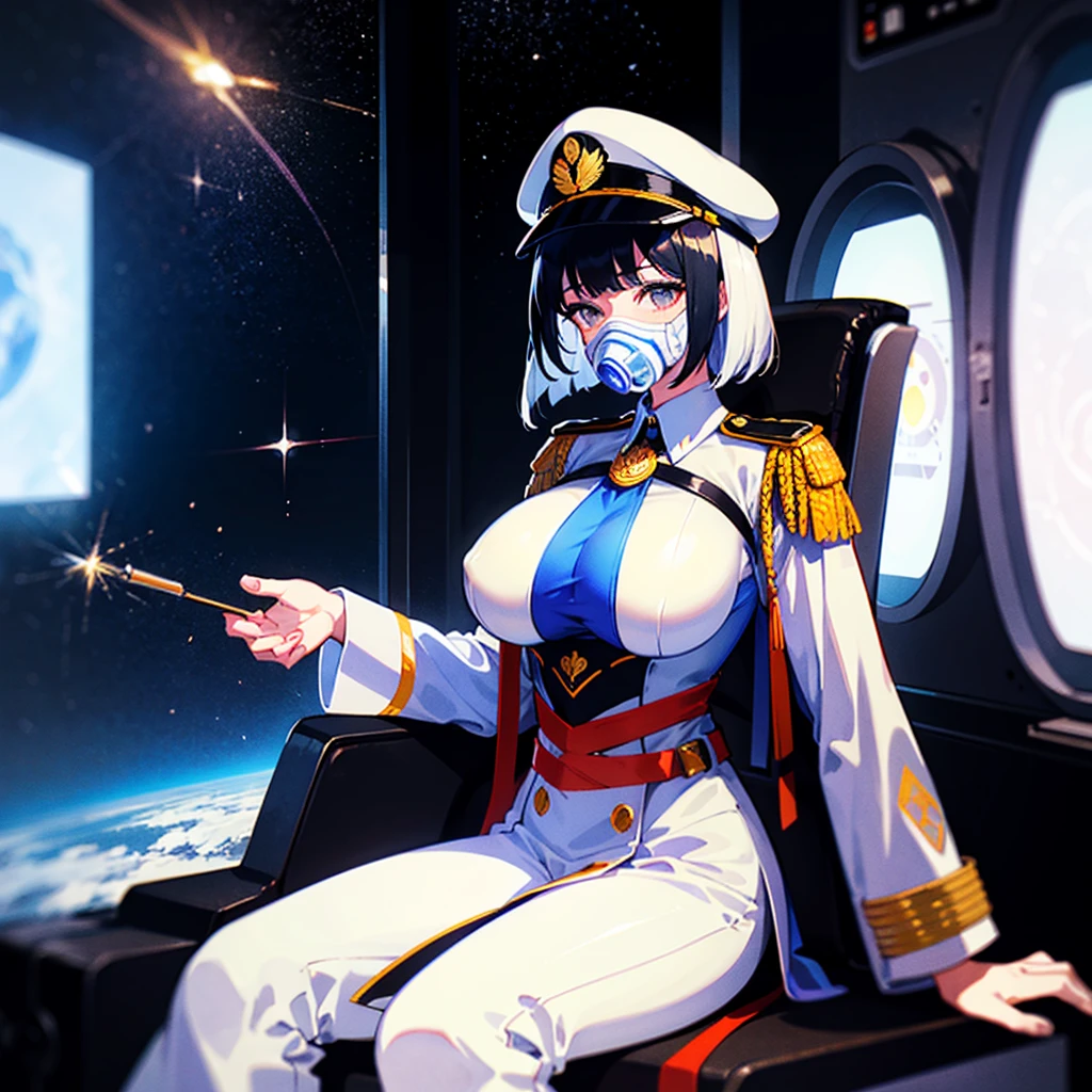 (((masterpiece)))、((top-quality))、((Top image quality))、(((Illustration of one woman)))、((30-years old))、((Viceroy))、Black hair bob cut、(((Face covering gas mask)))、Gray eyes、((Long body))、((Military uniforms))、((Military Cap))、((Military coat))、(white clothes)、(White pants)、(White cap)、trench coat、((Inside the spaceship、Sitting in the captain's seat))、(Outside the window、kosmos、Spaceport scenery)