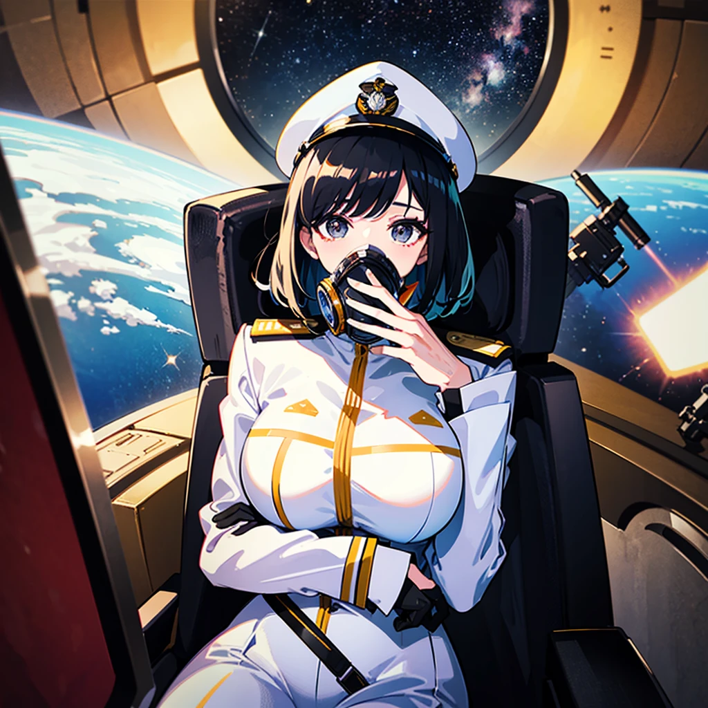(((masterpiece)))、(((Top image quality)))、(((top-quality)))、(Illustration of one woman)、full bodyesbian、30-years old、(Viceroy)、Black hair bob cut、((Face covering gas mask))、Gray eyes、((Tall))、((huge tit))、((Military uniforms))、((Military Cap))、((Military coat))、(white clothes)、(White pants)、(White cap)、trench coat、((Inside the spaceship、Sitting in the captain's seat))、(Outside the window、kosmos、Earth seen from space、Spaceport)