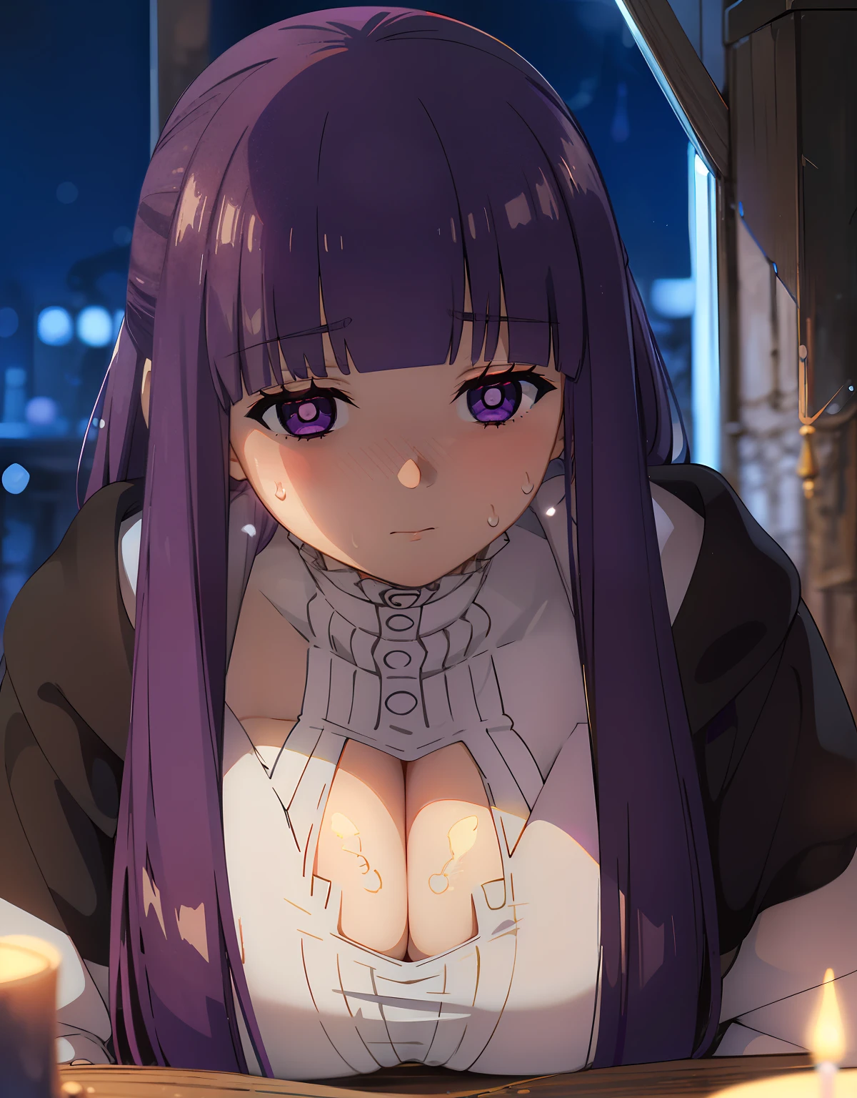 (Best Quality, Masterpiece),sexy, erotic, 1girl, 18 years old, Contempt, pride, long purple hair, ((purple eyes)), white sleeping dress, looking at viewer, medival tabern, (close up), ((dark room)), sweat, candle lit, (((blushing))), ((cleavage))