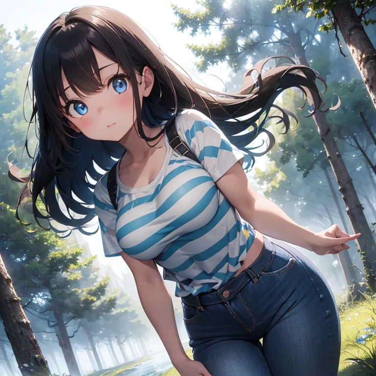 Kind beautiful girl helping you up, blue sky, foggy eerie forest, medium sized breasts, dark-brown hair, glowing blue eyes, slim but curvy, blue jeans, yellow and white striped top