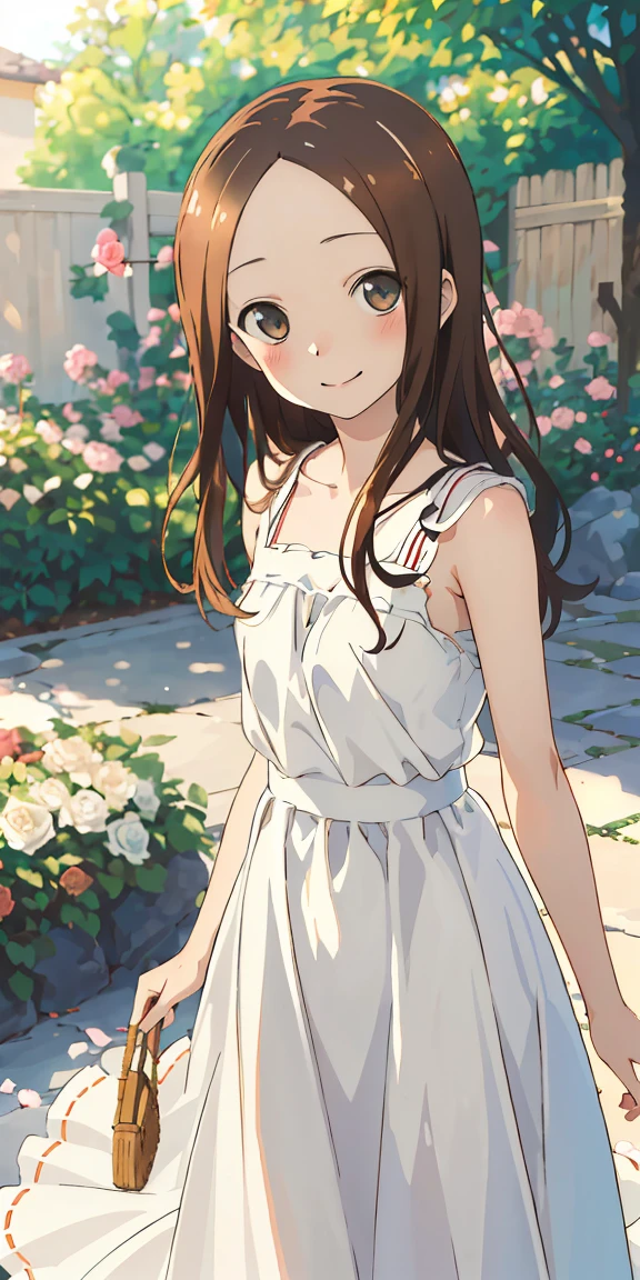 (best quality,highres),(realistic:1.37),portraits,soft colors,warm lighting,Takagi,beautiful detailed eyes,soft smile,natural beauty,breezy summer day,garden scene,roses in bloom,faint scent of flowers,gentle breeze,flowy dress,playful pose,joyful expression,daydreaming,peaceful atmosphere)