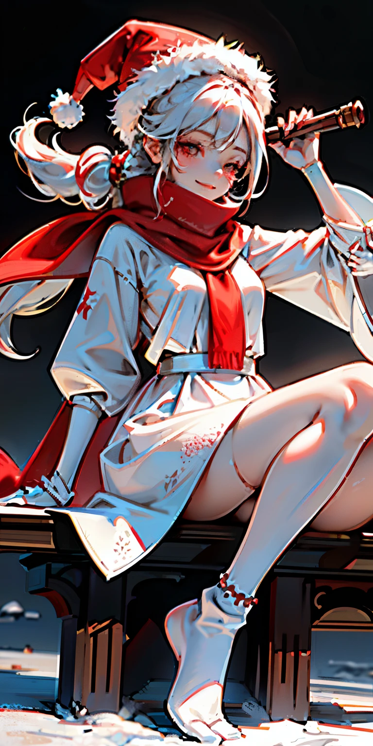 girl wearing christmass dress cotton, night background with snow, red scarfs, playing violin, smile, cute, eyes closed, white long messy curly hair, red clous hat, red short dress, sexy, inside a cottage chillin, fireplace, comftly, long black and white stipe socks,3DMM