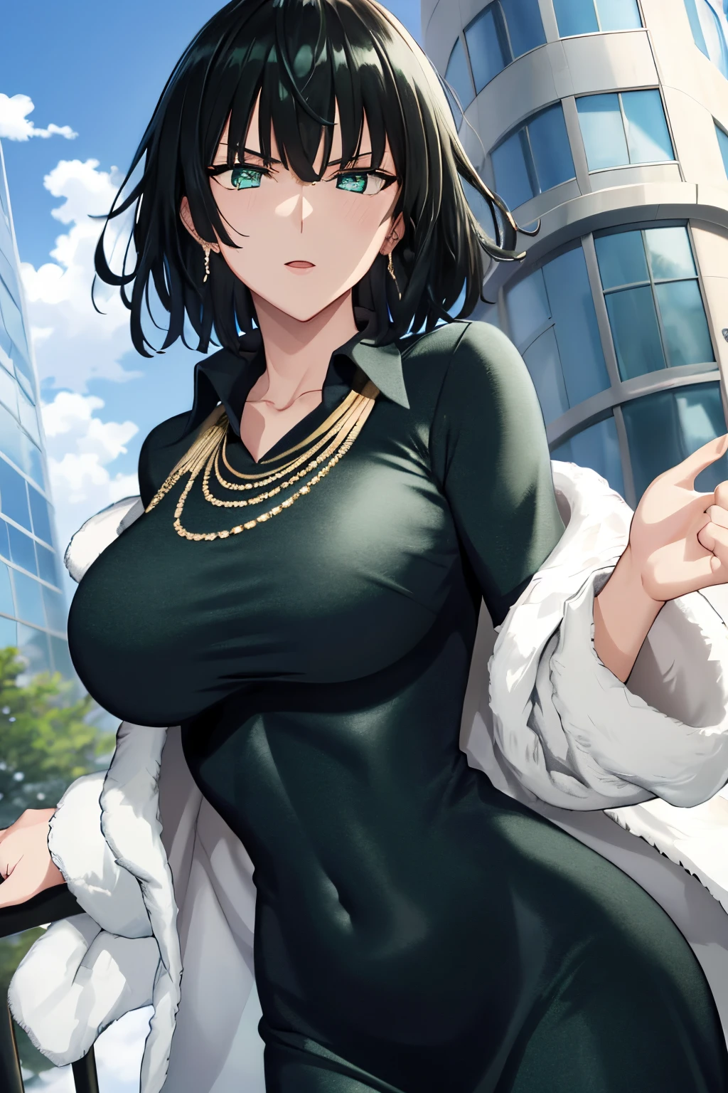 fubuki, fubuki, Black hair, (Green eyes:1.2), Short hair,Large breasts，cleavage，
BREAK black dress, dress, Fur coat, High collar, jewelry, necklace, cropped shoulders, tight fit clothes, tightly dress,,
BREAK outdoors, City,
BREAK looking at viewer, Break (Masterpiece:1.2), Best quality, high resolution, Unity 8k wallpaper, (illustration:0.8), (Beautiful detailed eyes:1.6), Extremely detailed face, Perfect lighting, Extremely detailed CG, (Perfect hands, Perfect anatomy),