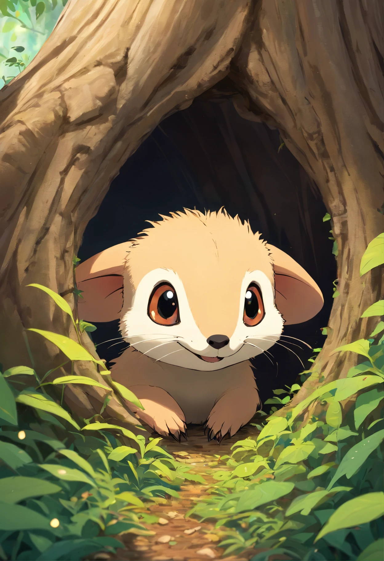 Close-up angle of cute tiny fireflies, illuminating the bush, a detailed painting, cgsociety, Detailed painting, artstation hd, high detail, cgsociety, photo realism, Concept art, artstation hd, official arts, bokeh   ,(CBZBB:1.25),gremlin, gremlin, echidna-like, ((Ez idna)), woods, peeks out from a hole under the roots of an oak tree, CBZBB,e, Smaeautiful, Fantasy art, deviant art, trending artstation, Digital Art, Detailed, Realistic, humanoid, character, tiny, Cinematic shot, cinematic portrait of the Anteater, cute character, looks like an anteater,