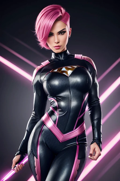 4k highly detailed realistic female superhero dressed in cropped carbon fiber, pink hair in a short undercut bob hairstyle, hair covering one eye, ((sharp Jawline)), (full body Including Legs), Seduction and fantastic poses