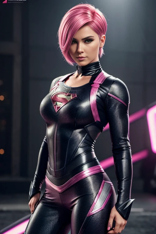 4k highly detailed realistic female superhero dressed in cropped carbon fiber, pink hair in a short undercut bob hairstyle, hair covering one eye, ((sharp Jawline)), (full body Including Legs), Seduction and fantastic poses
