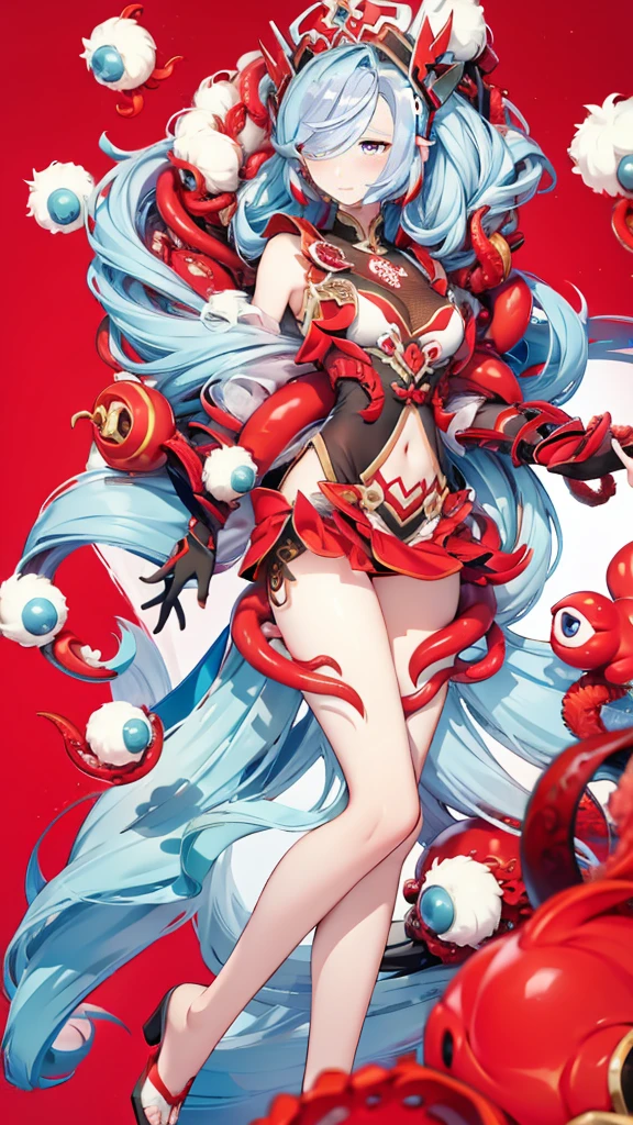 Beautuful Women,Shen He,Hair blocks the right eye,,The body bound by red tentacles with eyes.,Seductive posture