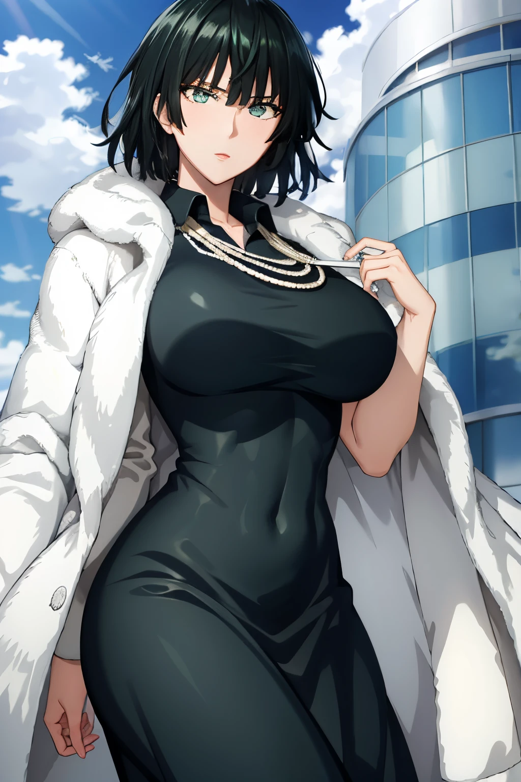 fubuki, fubuki, Black hair, (Green eyes:1.2), Short hair,Large breasts，cleavage，
BREAK black dress, dress, Fur coat, High collar, jewelry, necklace, cropped shoulders, tight fit clothes, tightly dress,,
BREAK outdoors, City,
BREAK looking at viewer, Break (Masterpiece:1.2), Best quality, high resolution, Unity 8k wallpaper, (illustration:0.8), (Beautiful detailed eyes:1.6), Extremely detailed face, Perfect lighting, Extremely detailed CG, (Perfect hands, Perfect anatomy),