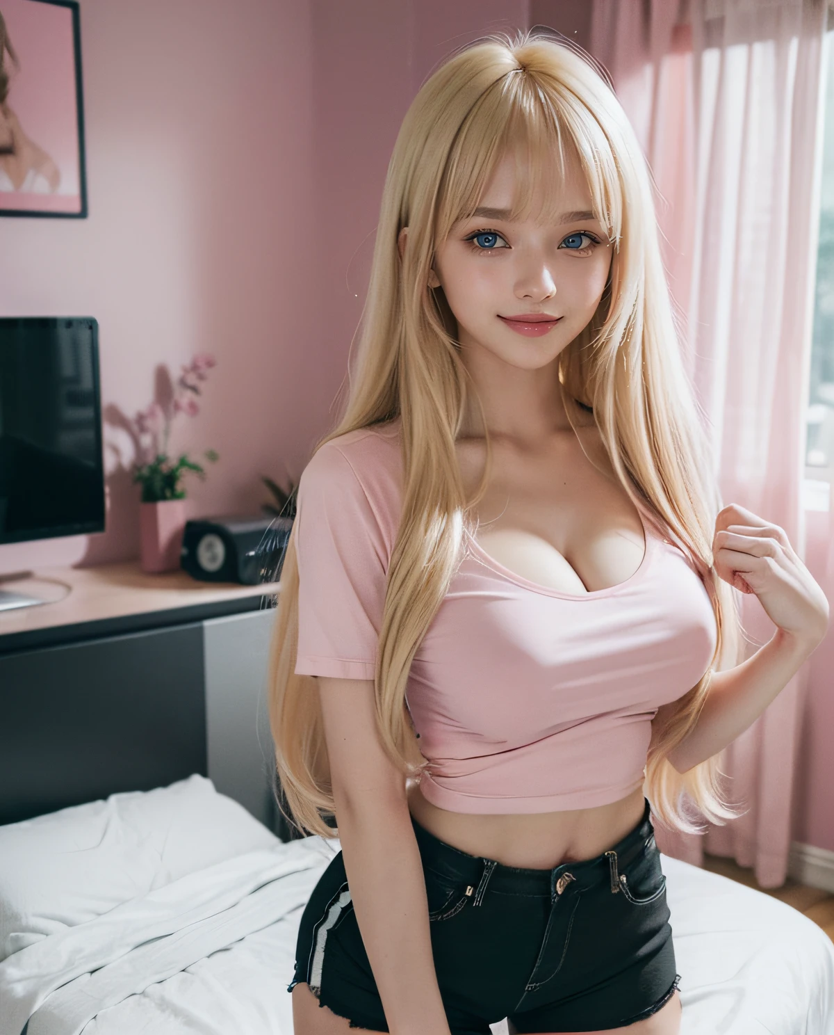 1girl, (ojos azules), (They are smiling :1.2), (En nombre de Minaj), caderas anchas, tetas grandes, grande, Trasero redondo, (La mejor calidad, 8k, Obra maestra: 1.3), Manos perfectas, Enfoque claro: 1.2, Belleza corporal perfecta: 1.4 , abdominales delgados: 1.2, Highly Detailed Face and Skin Texture, ojos detallados, 双眼皮, (cabello largo rubio con flequillo :1.3), (Pink t-shirt with neckline and black sports shorts. :1.3), En pie, dynamic pose, (in a 's pink room), escritorio con pc en segundo plano