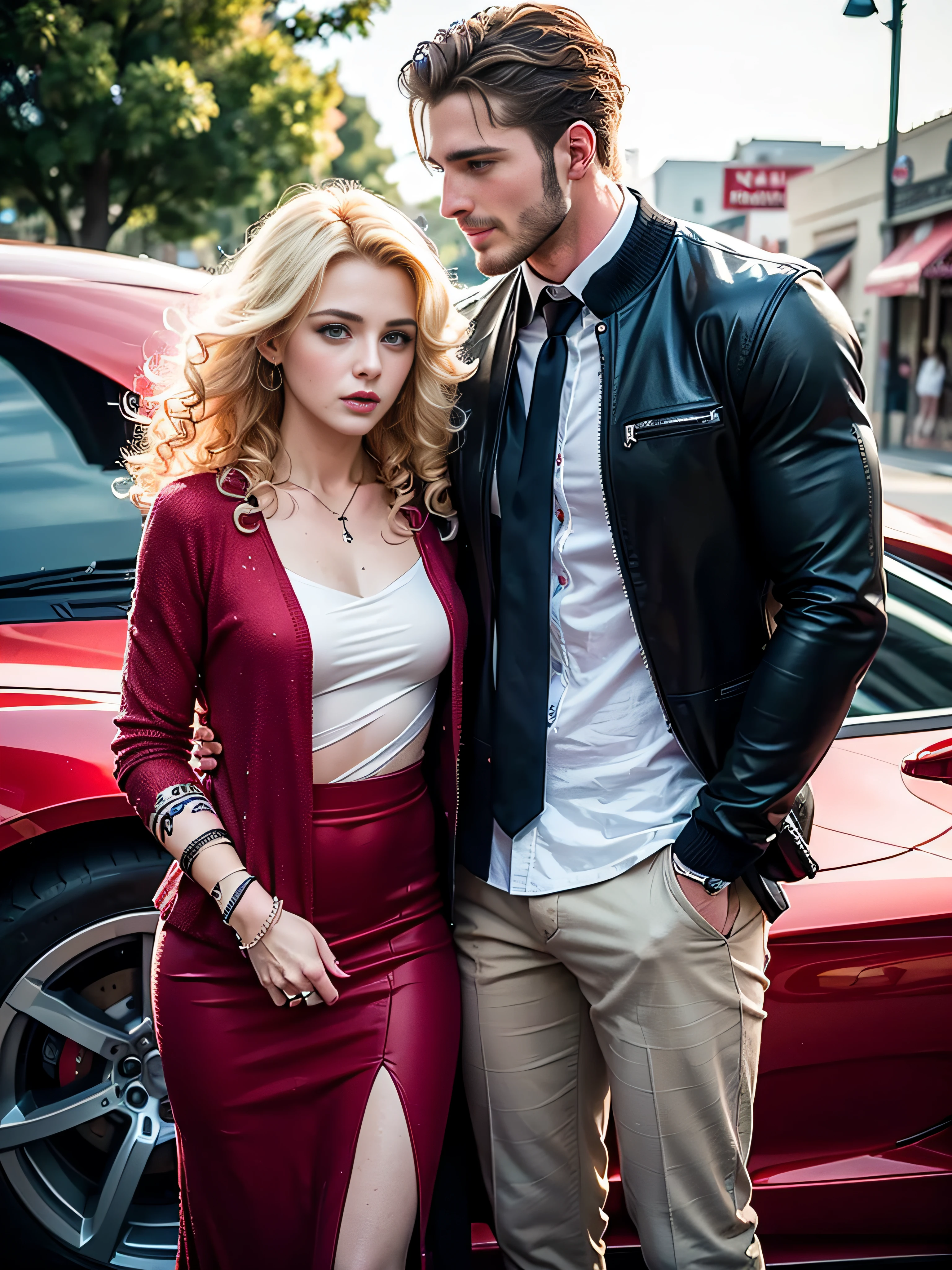 ((best quality: 1.5)) ((masterpiece: 0.8)), intricate details, sharp focus, professional, photorealistic, real life, realistic representation of the face, ((((((male)) man mating beautiful woman romance novel cover))), blonde curly hair woman, standing near red sportscar car)