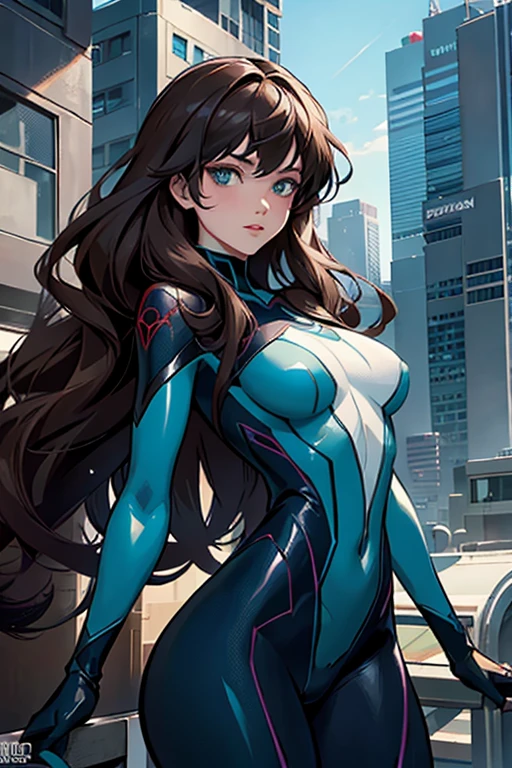 Spiderverse character, a woman with long brown hair, green eyes, blue power, on the roof, pale, 21 years old, spiderverse comic nsfw