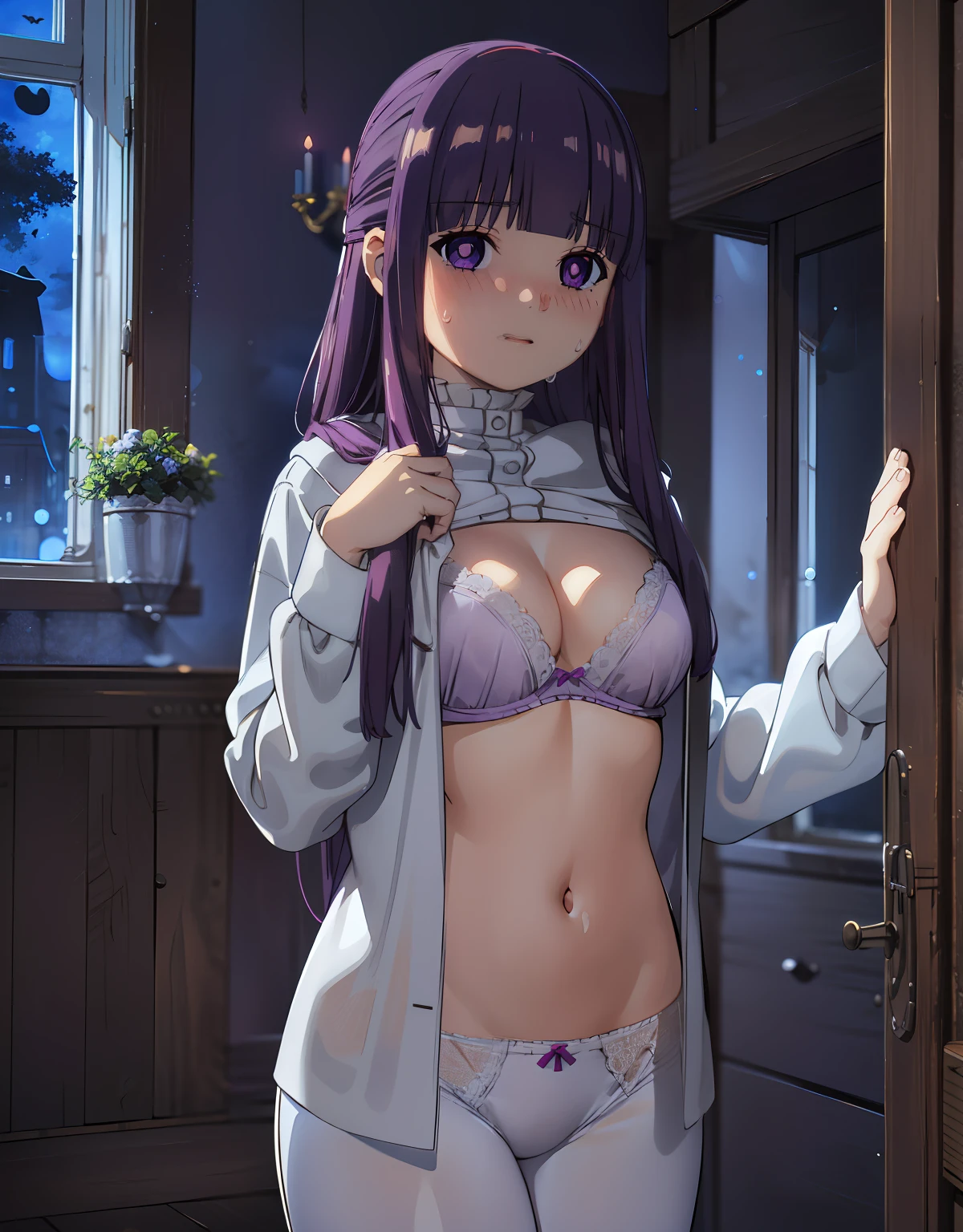 (Best Quality, Masterpiece),sexy, erotic, 1girl, 18 years old, Contempt, pride, long purple hair, ((purple eyes)), white pijama, looking at viewer, medival tabern, ((dark room)), sweat, candle lit, (((blushing))), ((cleavage)), flashing bra, white bra, white panties