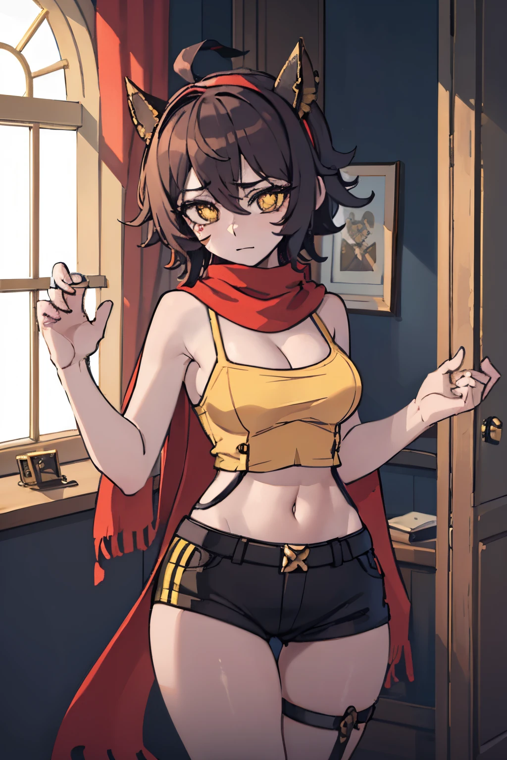 short (messy hair) (masterpiece), best quality perfect face beautiful girl, feminine, defined curves, cinematic, aesthetic, shadows, gorgeous, amazing, cute girl (busty) medium breast (perky) (large ass) (bubble butt) barefoot, brown hair, detached sleeves bare shoulders, defined abdomen, sleeveless (thick thighs), (masterpiece), best quality, expressive eyes, perfect IncrsAhriArcade, facial mark shaped pupils, (yellow eyes:1.3), flower-shaped pupils, white shirt, black shorts, scarf on pirate ship bedroom, shaft head tilt pose (from front) (nothing on leg) (bare legs) (tall person looking down pov)