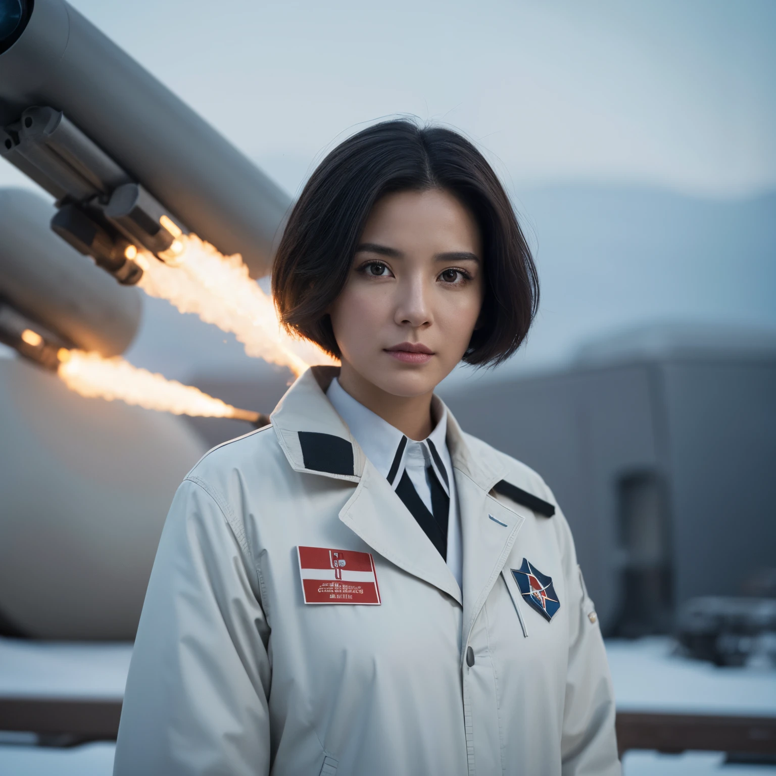Science Fiction,Sci-Fi Movies,Artillery,Long-Range Missiles,Based on the Movie Foundation ,Woman,Adult,Protagonist,28 years old,hopeful face,brown eyes,short hairstyle,black hair with white gray,scientist uniform,white researcher coat,open meadow,rebel,chaotic,future world,world of socialism,snow,chaos