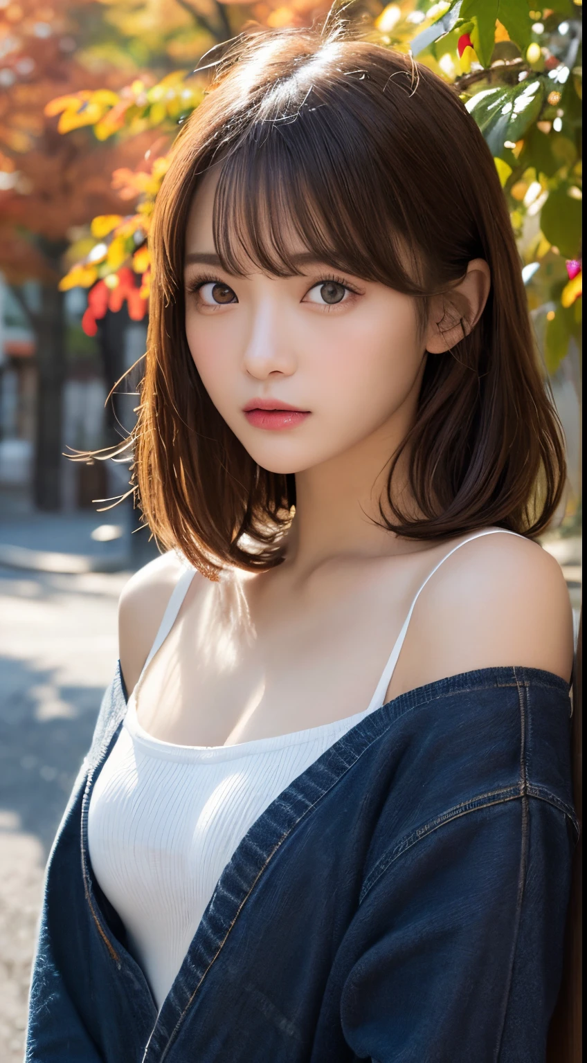 masutepiece, Best Quality, Illustration, Ultra-detailed, finely detail, hight resolution, 8K Wallpaper, Perfect dynamic composition, Beautiful detailed eyes, Women's Fashion Autumn,Medium Hair,Small  natural color lip,,Harajuku、20 years girl、Cute、Sexy shot looking at camera、autumnal、Wood Bright、Transparency、Sadness face、