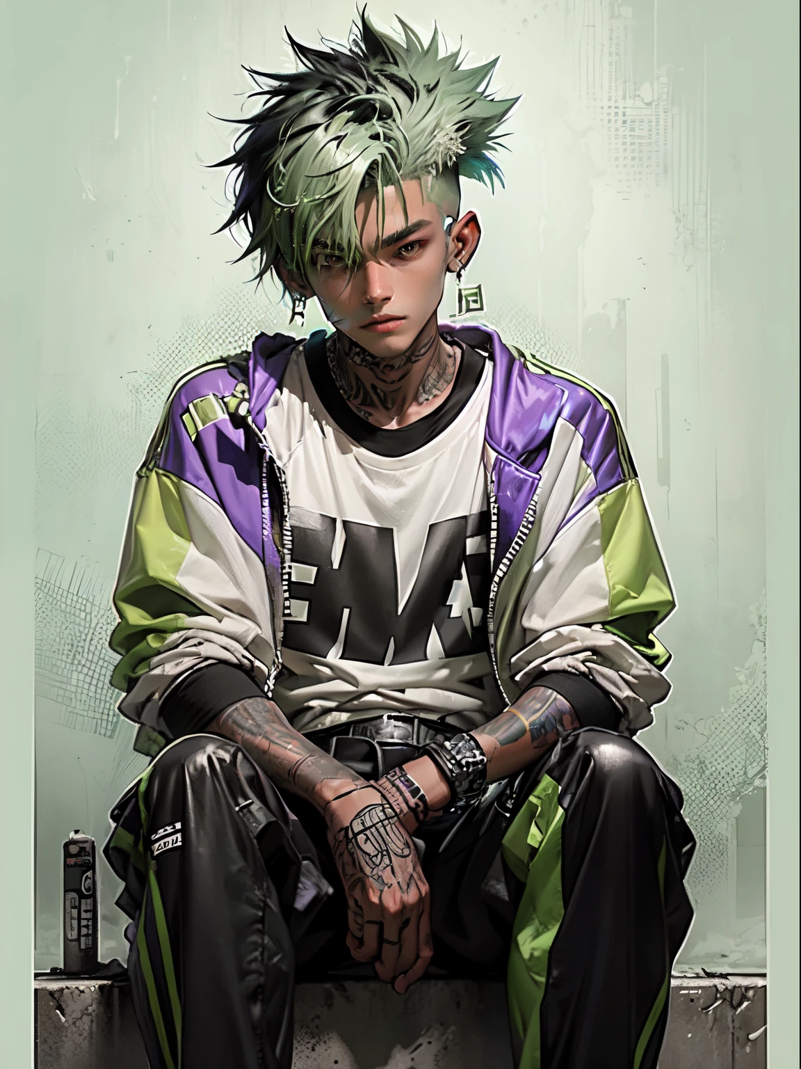Kpop young age boy with fade cut dark lime green hair with with (frosted white tips top hair), smile, smirk, rizz, cute face, irresistible, sit pose, poser, serious face, full half body show, tattoos, wears cool black mixed green open jacket with long big sized shirt, long black pants with belt, paint background, popstar, has messy lime green hair, and a green one-suit with a diamond. He has a normal Putt Putt Troll appearance overall, as most of them resemble his appearance with exceptions like Viva. His attire a reference to the golfing attire of golfers.