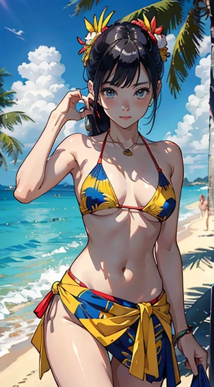 ​masterpiece、top-quality、超A high resolution、 [ 4 k digital art ]!!、 8k high quality detailed art、Wallpaper、 Detailed Digital Anime Art、Realisticity、Cinema Angle、hposing Gravure Idol、((One Beautiful Girl))、cute  face、 (((Detailed depiction of a beautiful face)))、kindly smile、年轻、Bikini swimwear、Photorealistic perfect body、(Bold ethnic patterns wrapped around the waist and skirt and plenty of primary colors)、light Particle、llight rays、Tropical、Against the background of palm trees on both sides、on a sunny beach、Against the background of the sea、blur backgroun、