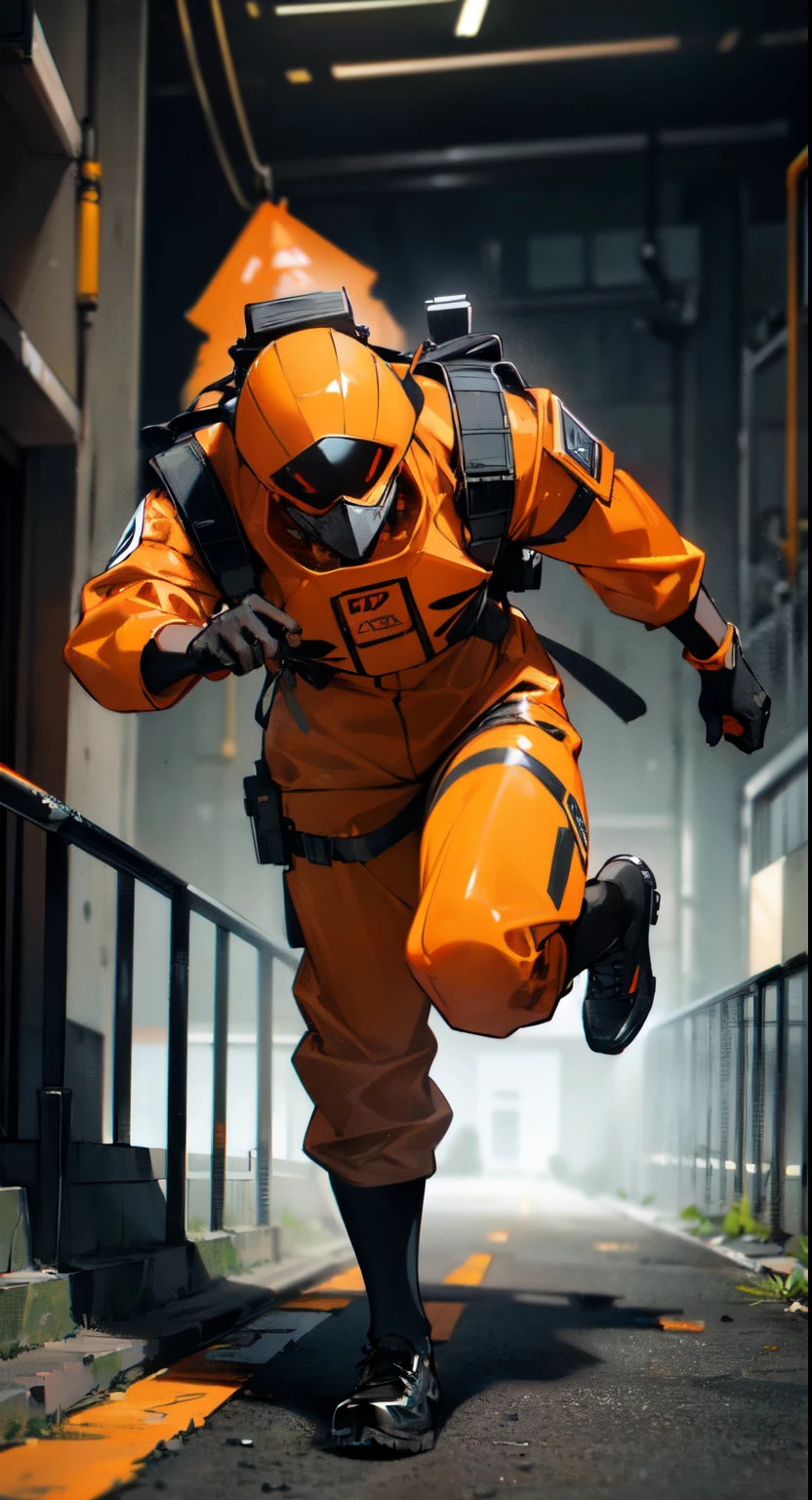 (ultra high res,photorealistic,best quality,photo-realistic),(8k,raw photo,best quality,masterplece), orange hazmat suit with black helmet, black gloves, black shoes, running from giant spider, dark, scary, facility