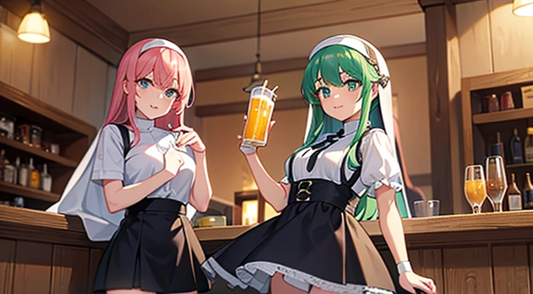 landscape,ultra-detailed, best quality, super fine illustration,extremely fine and beautiful,cowboy shot,very cute,3girls,(fang:0.8),from below,looking at viewer,
break,
happy:1.4,fantasic world,in medieval tavern,wearing nun outfit,miniskirt,wearing shoes,wearing thigh-high socks,zettai ryouiki,
break,
banquet,(talking to each other):1.4,drinking beer:1.4,laughing,drunk:1.4,blushing:1.4,green eyes:1.4,(they all have different hair colors):1.4