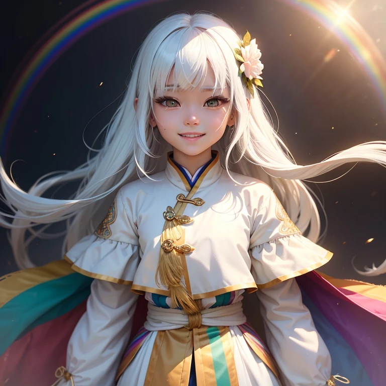 Best Quality, White hair, Gold eyes, rainbow clothes, Looking Up, Upper body, Strands of hair, Fair skin, Smiling, asian human,Facing the front