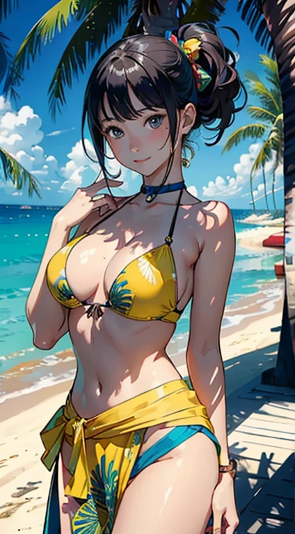 ​masterpiece、top-quality、超A high resolution、 [ 4 k digital art ]!!、 8k high quality detailed art、Wallpaper、 Detailed Digital Anime Art、Realisticity、Cinema Angle、hposing Gravure Idol、((One Beautiful Girl))、cute  face、 (((Detailed depiction of a beautiful face)))、kindly smile、年轻、Bikini swimwear、Photorealistic perfect body、(Bold ethnic patterns wrapped around the waist and skirt and plenty of primary colors)、light Particle、llight rays、Tropical、Against the background of palm trees on both sides、on a sunny beach、Against the background of the sea、blur backgroun、