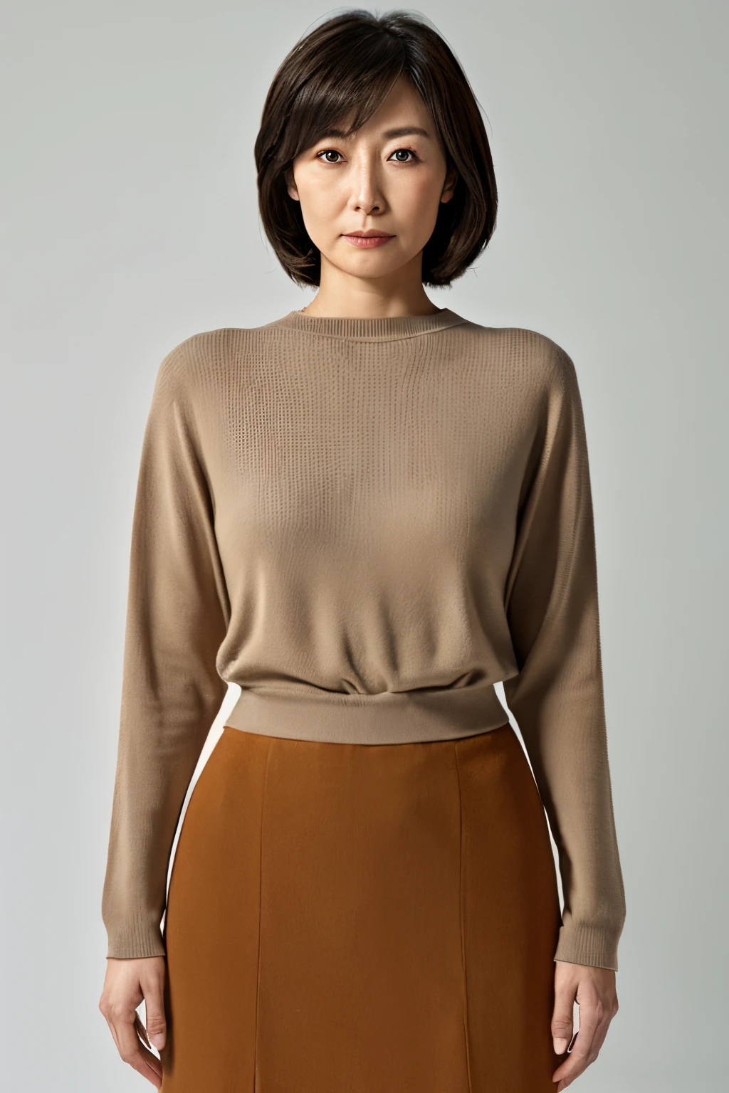 Pale solid color background,japanese mature, 25-years old, Beautie, 独奏, Close your mouth and look straight ahead with a serious expression, (((Stand upright facing the center of the screen))), Sweater for tank top, skirt by the, hight resolution, high-level image quality, high detailing, Textured skin, tre anatomically correct, sharp, cowboy shot
