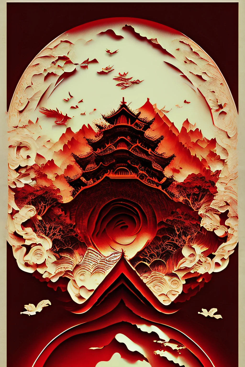 Guo Mo，Red Chinese architecture，cornice warping，landscape painting，high definition resolution，Poster design，Traditional charm，natural soft light，Ink，chinesedragon