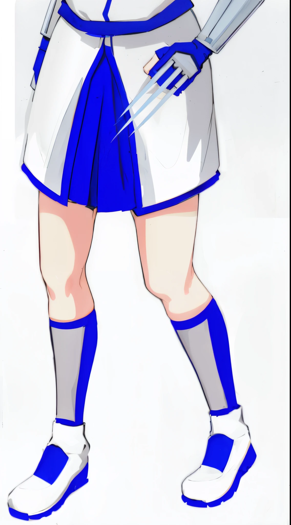 Anime girl with white and blue uniform posing with iron steel claw, iron claw like wolverine, white clothes with hoodie, white and blue shoes