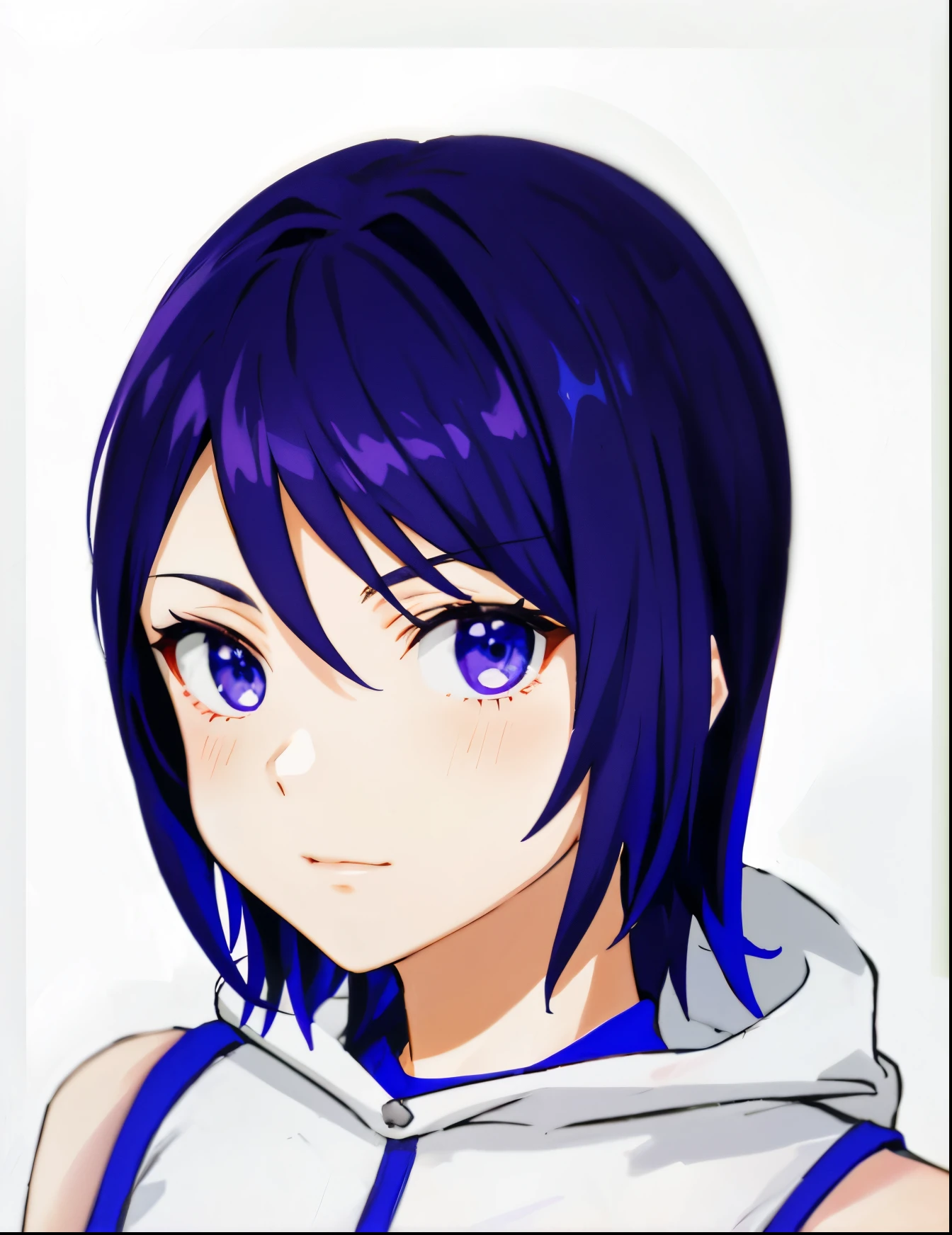 Anime dark purple hair and dark purple eye girl with white and blue uniform, white clothes with hoodie