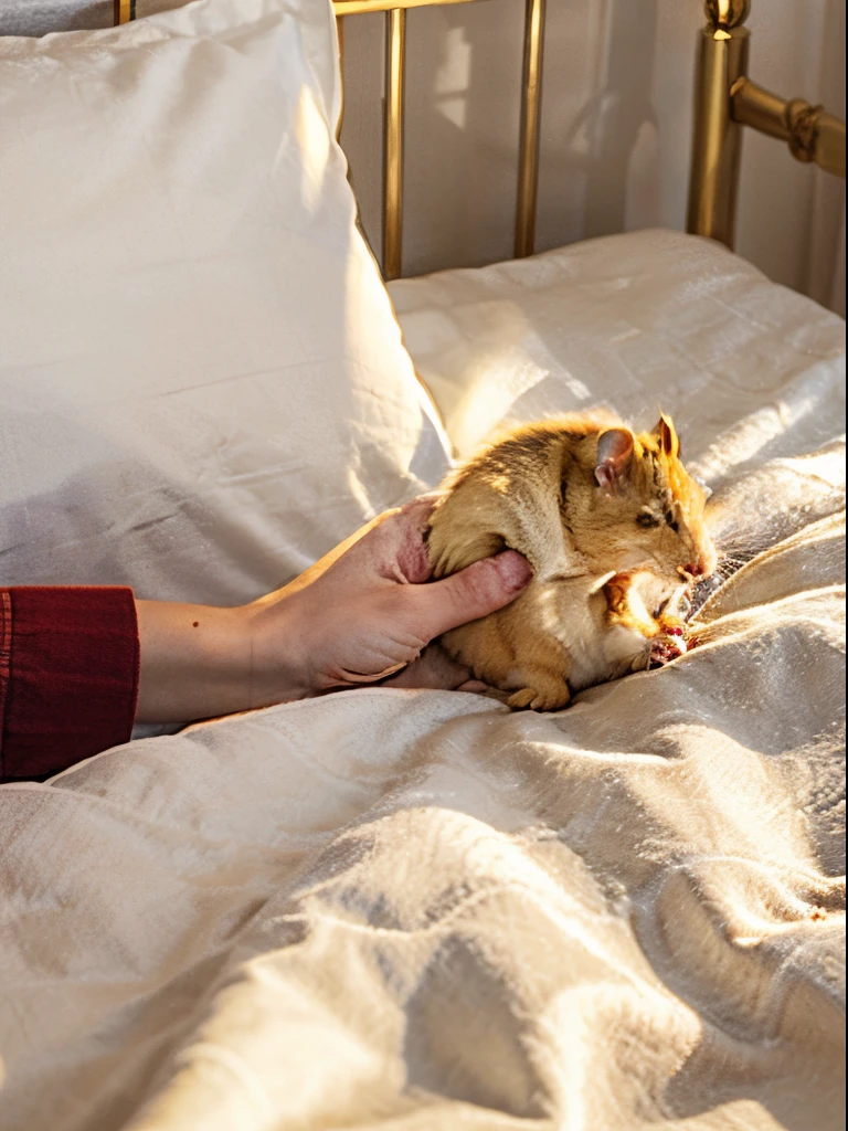 1man, holding golden mouse, in heaven, in bed, sleeping mouse laying in bed, on pillow