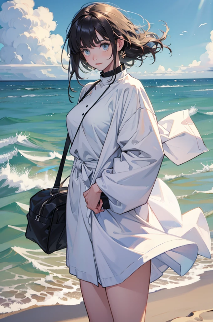 Beautiful young girl with oversized clothes and floating hair on the beach,