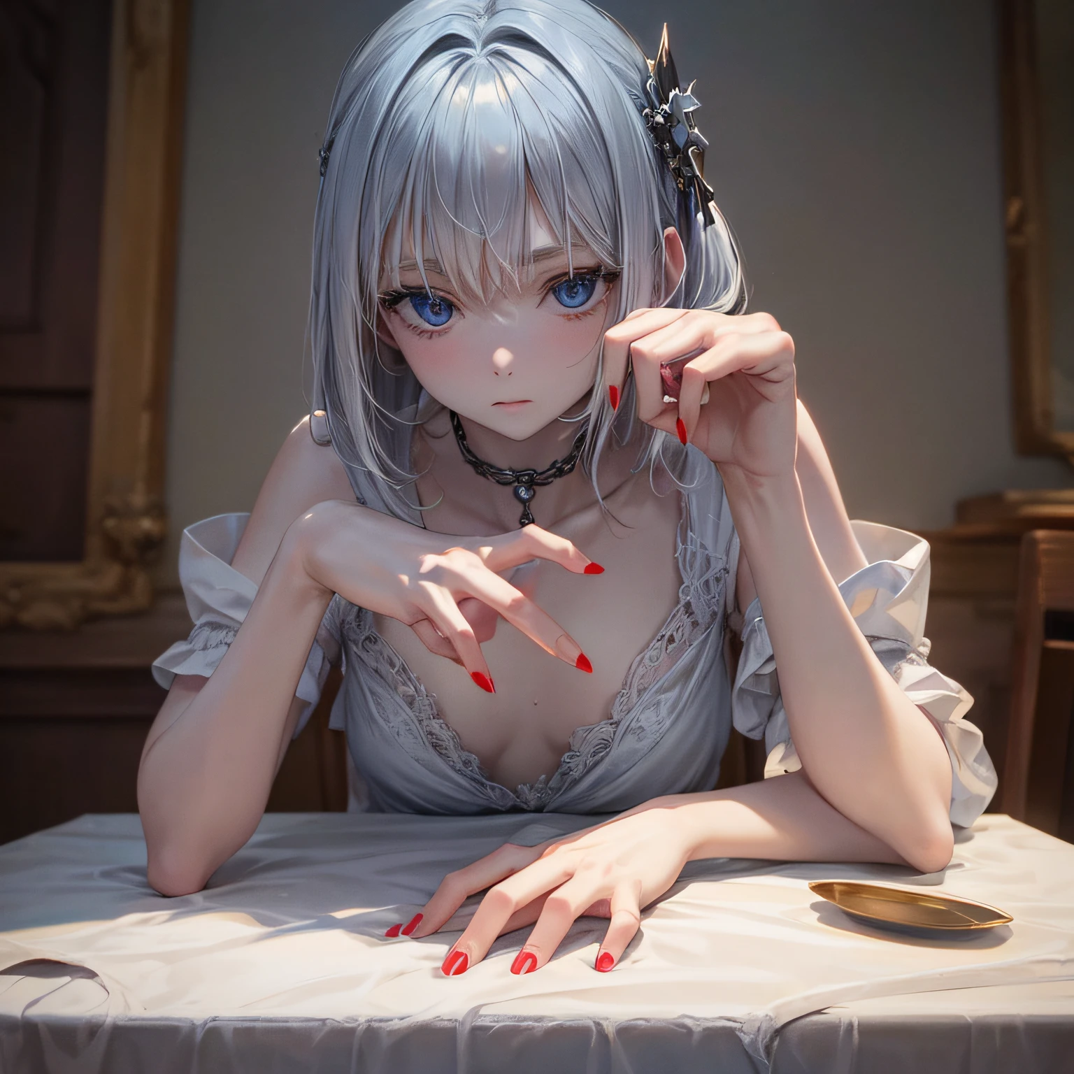 1 hand, porcelain skin, petite, just a hand, severed, disembodied hand, only hand being shown, extended out Infront on a table