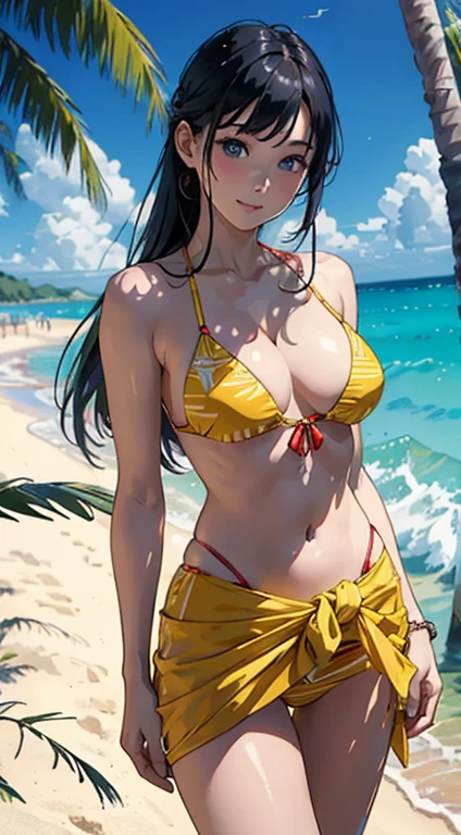 ​masterpiece、top-quality、超A high resolution、 [ 4 k digital art ]!!、 8k high quality detailed art、Wallpaper、 Detailed Digital Anime Art、Realisticity、Cinema Angle、hposing Gravure Idol、((One Beautiful Girl))、cute  face、 (((Detailed depiction of a beautiful face)))、kindly smile、年轻、Bikini swimwear、Photorealistic perfect body、(Bold ethnic patterns wrapped around the waist and skirt and plenty of primary colors)、light Particle、llight rays、Tropical、Against the background of palm trees on both sides、on a sunny beach、Against the background of the sea、blur backgroun、