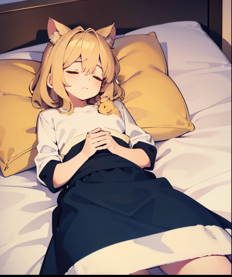 holding small golden mouse, in heaven, in bed, sleeping mouse laying in bed, on pillow, sleeping in hand, pure gold fur