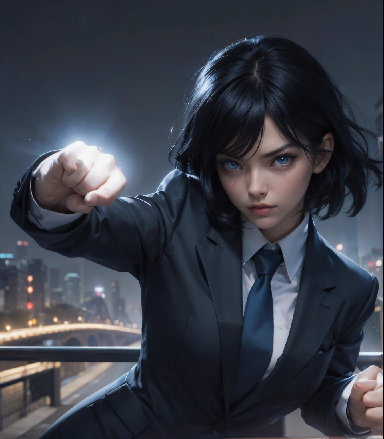 Beautiful woman in a fighting pose and looking at the camera. Both fists are surrounded by a translucent bluish-white light. He is wearing a black business suit. Black hair. Beautiful double eyes. The bridge of my nose. The location is a city at night. A masterpiece.