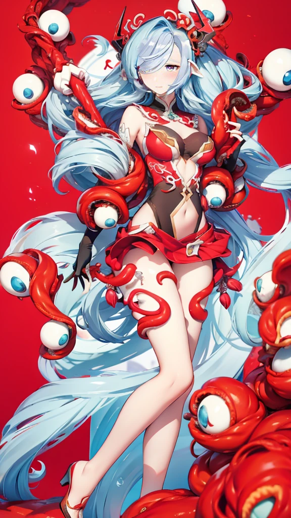 1 young beautiful woman,(Highest quality,Extremely detailed depiction,Incredibly absurd high resolution,Anatomically accurate depiction),(Shiny skin,Porcelain-like skin,Curvy Legs),(Squid motif:1.5,Shiny latex,A member of an evil organization,White costume,),eyelash,Sweat,(Red Eyes,Crazy Eyes,Vertically drawn pupils,Large Breasts,A captivating smile,Glossy lips,Flashy makeup,Seductive gestures,Half-closed eyes:1.5),whole body:1.3,Squid Arm,Squid legs,background:In the sea,fish,Marine Life,Beautiful coral reef